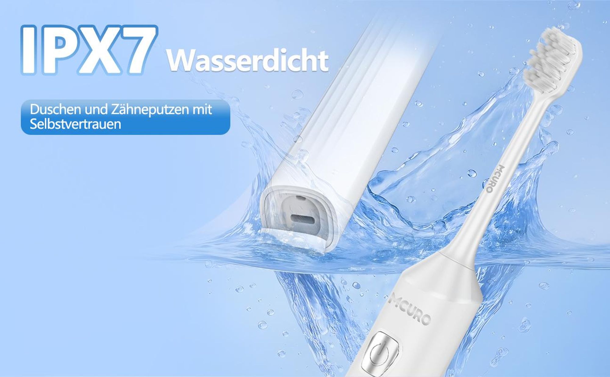 MCURO Elektrische Schallzahnbürste, 45.000 VPM, bis zu 180 Tage Akkulaufzeit, 5 Putzmodi, IPX7 wasserdicht, mit Timer & 6 Bürstenköpfen, Weiß