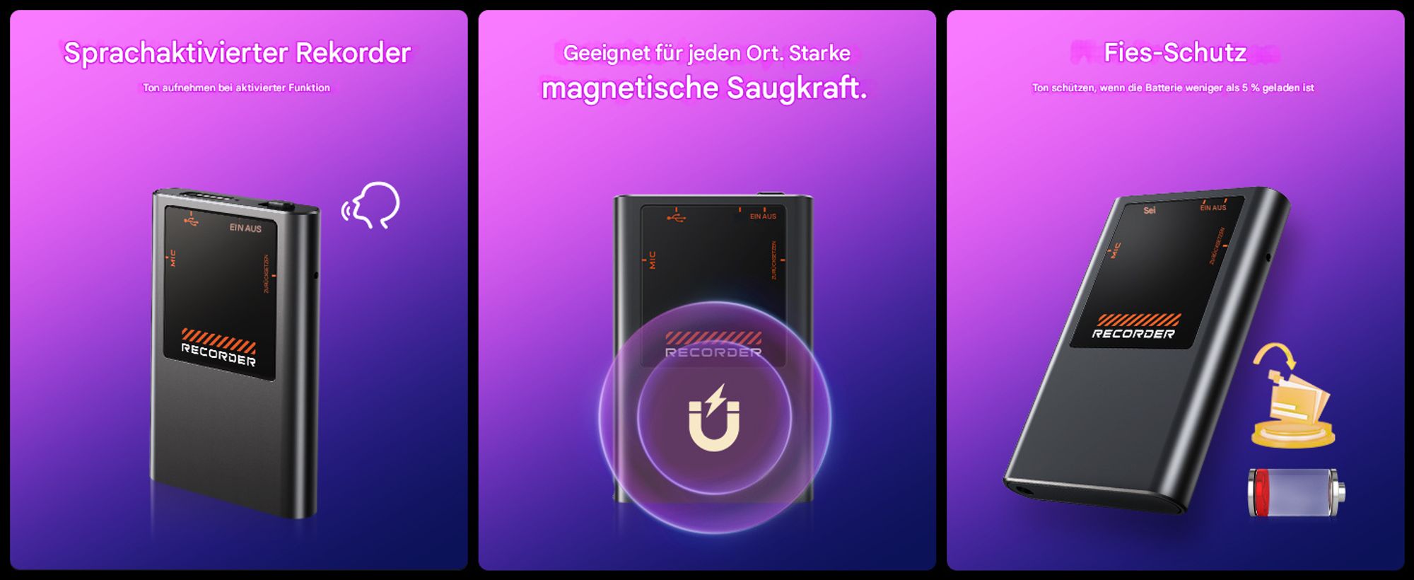 64GB Mini Digitales Diktiergerät - 3072Kbps Magnetic Diktiergerät Aufnahmegerä mit Playback, 7000 Stunden One-Touch Aufnahme mit AI Rauschunterdrückun