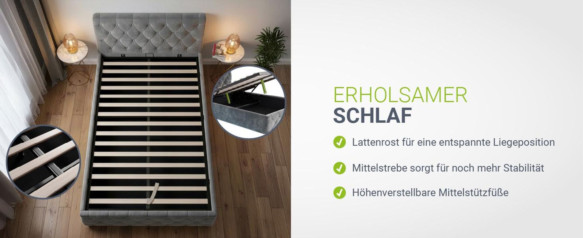 Juskys Polsterbett Nizza 120x200 cm Grau - Bettgestell mit Lattenrost, Stauraum & LED Beleuchtung - Bett mit Samtbezug & Chesterfield-Steppung