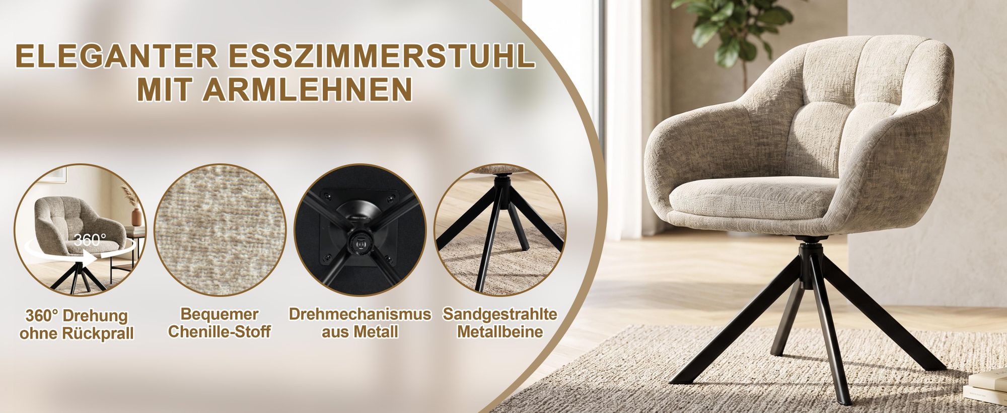 Duhome Loungesessel Armlehnstuhl aus Chenille-Stoff, Schminktisch Stuhl Esszimmerstuhl Sitzschale 360° drehbar, Khaki