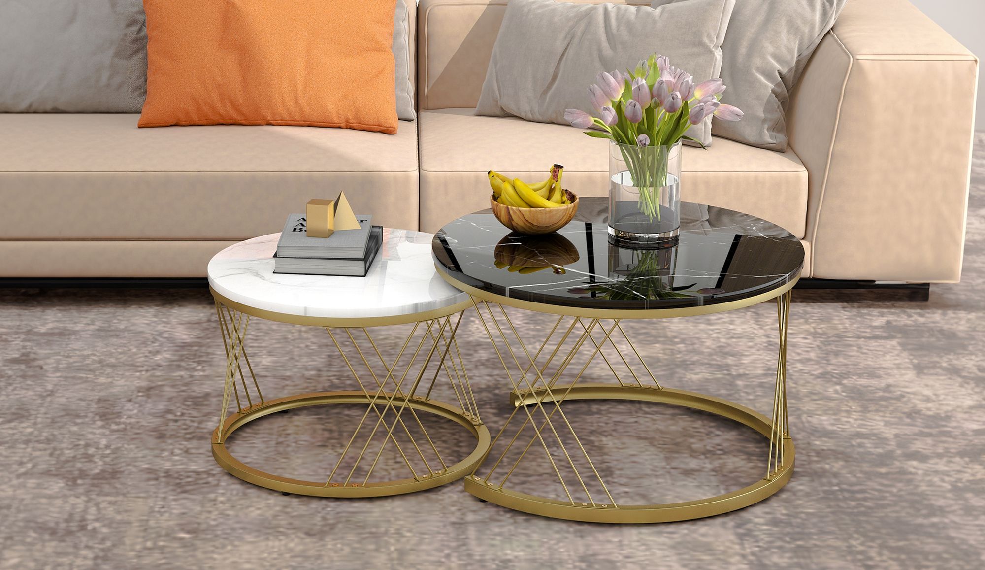 MODFU Couchtische Schwarz,Wohnzimmertisch rund 2er Set,Sofatisch mit Metallrahmen,Beistelltisch mit Verstellbare Füße