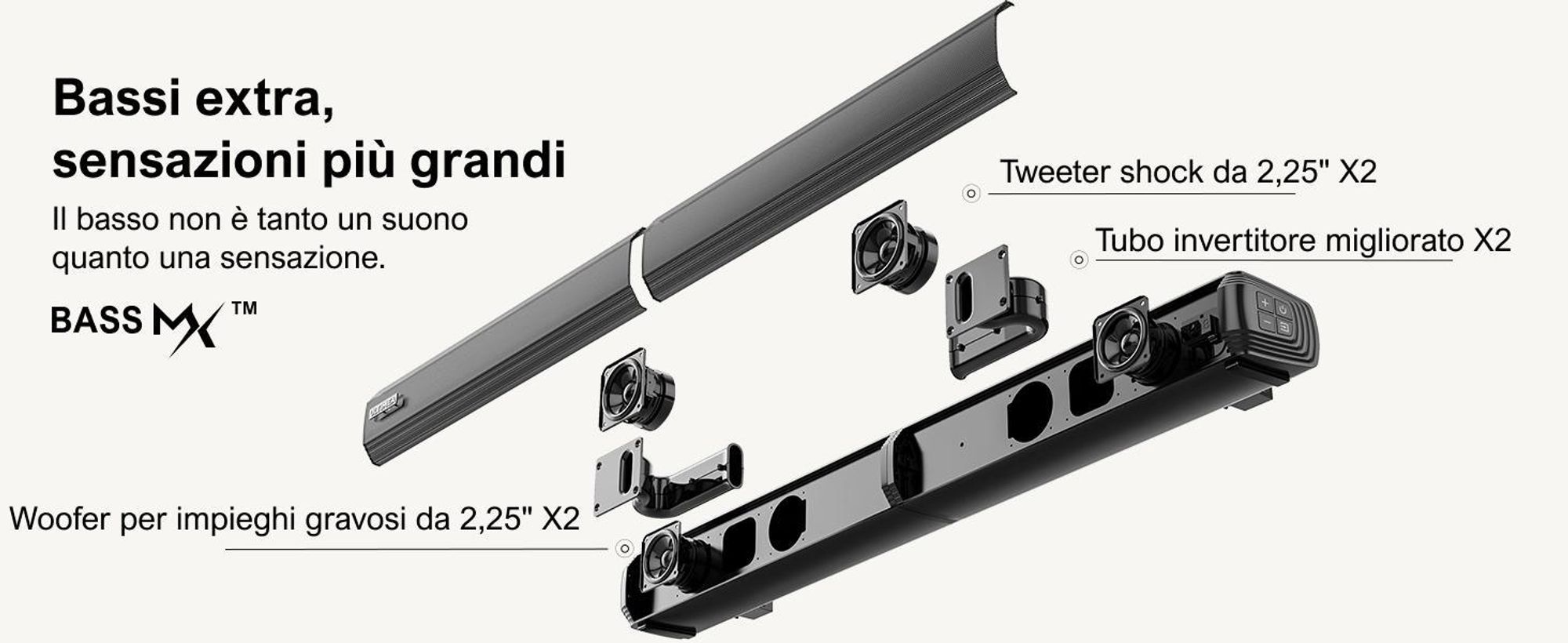 ULTIMEA Soundbar a 2.2 canali per televisori, soundbar 2-in-1 divisibile, Bluetooth® 5.3, 3 modalità EQ e bassi regolabili, ARC/Ottico/Aux, Apollo S40