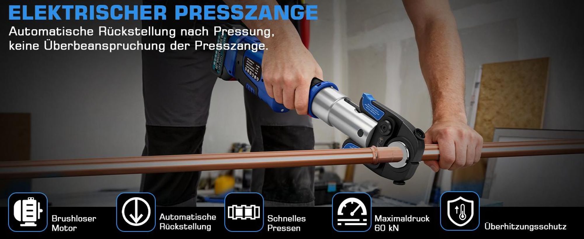 60kN Akku Presszange Verbundrohr Set mit TH + V-Kontur (TH16 20 26 32 und V12 15 18 22 28) Elektrisches Presszange Kupferrohr incl 2 * 5 Ah Akkus LCD