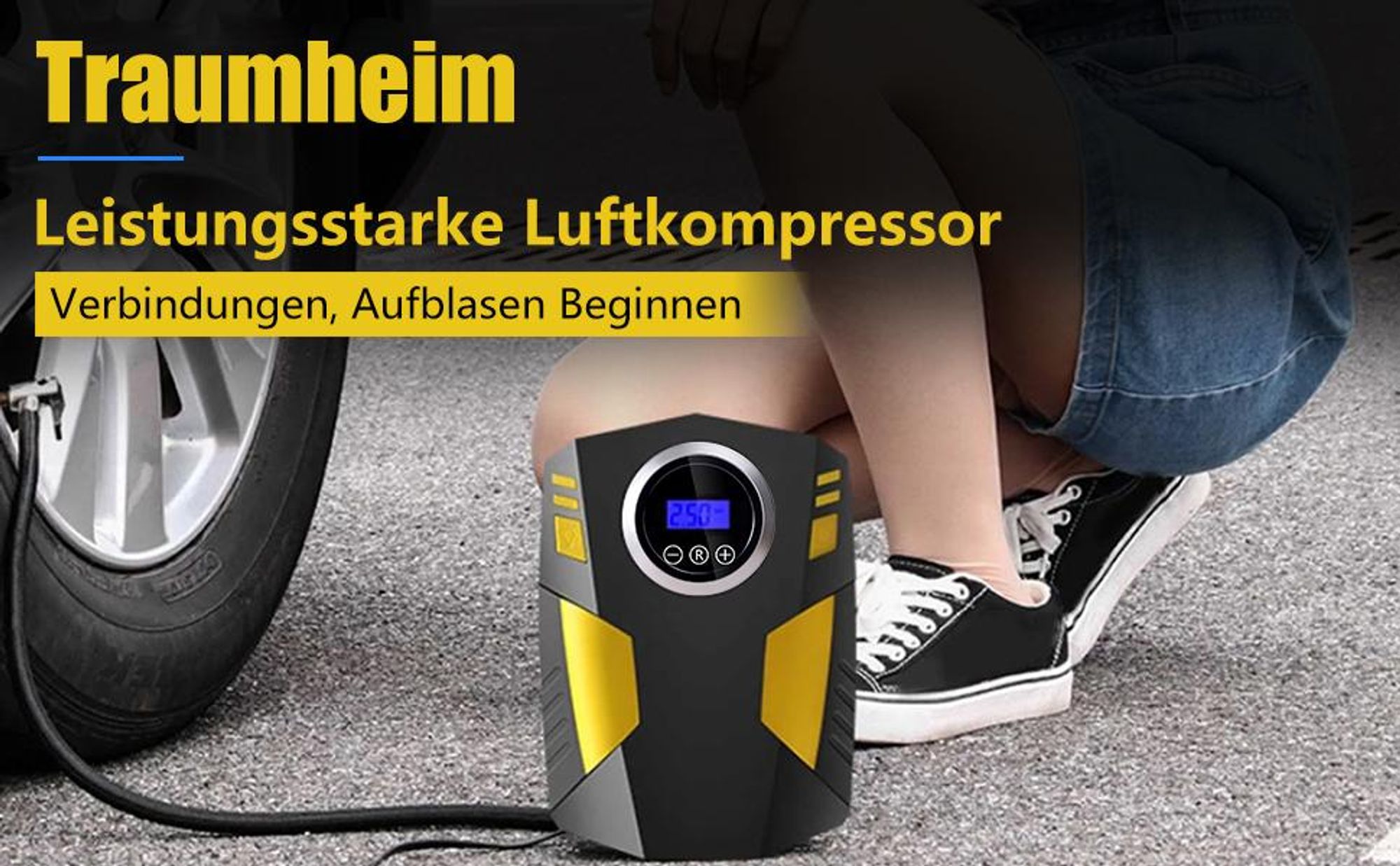 Luftkompressor Autoreifen 12V Netz, 10,3Bar Elektrische Luftpump, Digitaler Anzeige, LED-Leuchte Mini-Kompressor für Auto Fahrrad Bälle 4 Ventile