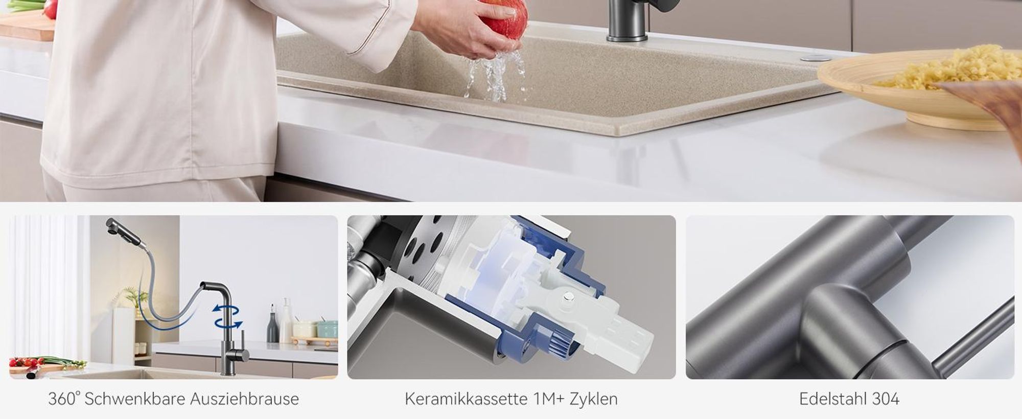 Küchenarmatur Edelstahl 304 graphitgrau L-Form 400mm Ausziehbares 360° drehbar 2 Wassermodi 1 Million Zyklen (SOFETIY)