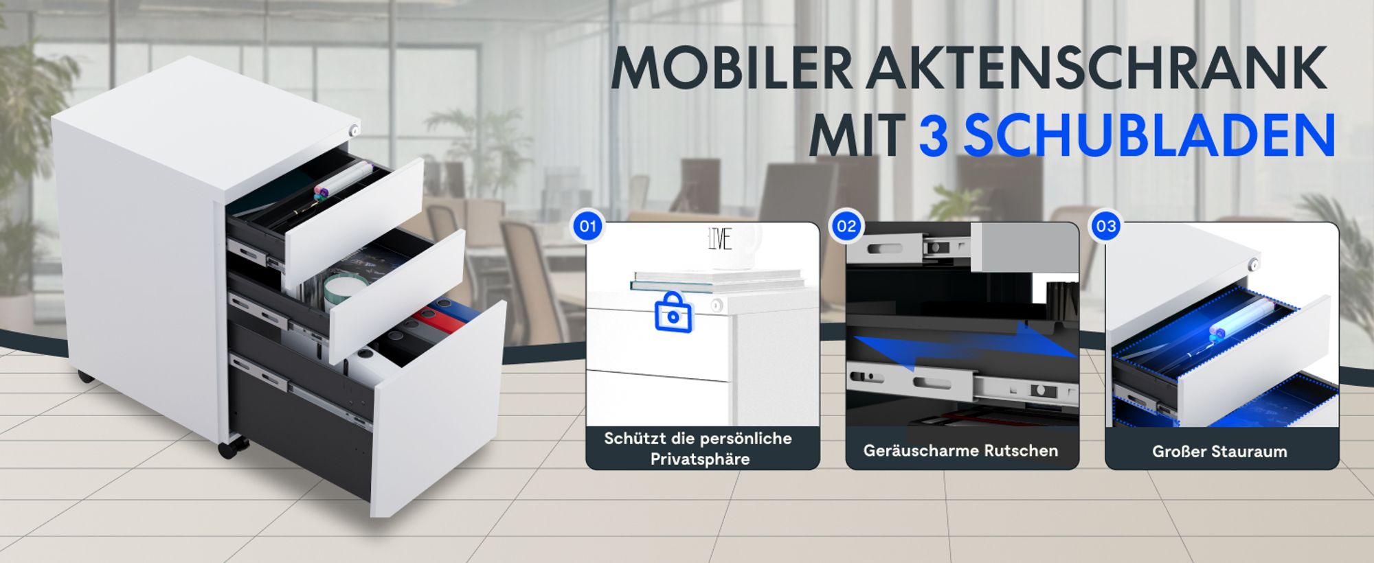 FLEXISPOT Aktenschrank CB23 Rollcontainer – Mobiler Büroschrank mit 3 Schubladen, Schloss, Leise-Schienen & Anti-Kipp-Rädern für Büro & Zuhause Rosa