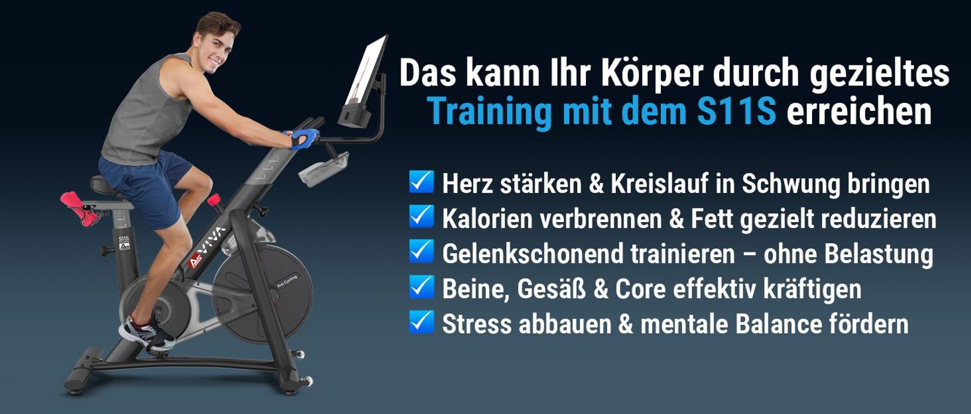 Indoor Cycle & Speedbike AsVIVA S11S | Fitnessbike mit 21,5 Zoll LED Display | 100 Widerstandsstufen | Ergometerfunktion | 360 Grad Lautsprecher