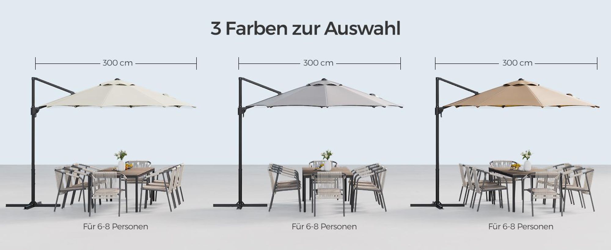 SONGMICS Sonnenschirm, ∅300 cm, UPF 50+, um 360° drehbar, mit Kurbel, Kreuzfuß