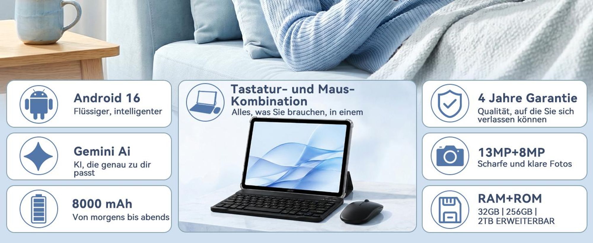 T70 Android 16 Tablet 11", 32GB+256GB(2TB TF), 180Hz Touch, 90Hz Display, 8000mAh, 8MP+13MP, mit Stylus/Cover/Tastatur/Maus, Gesichtserkennung