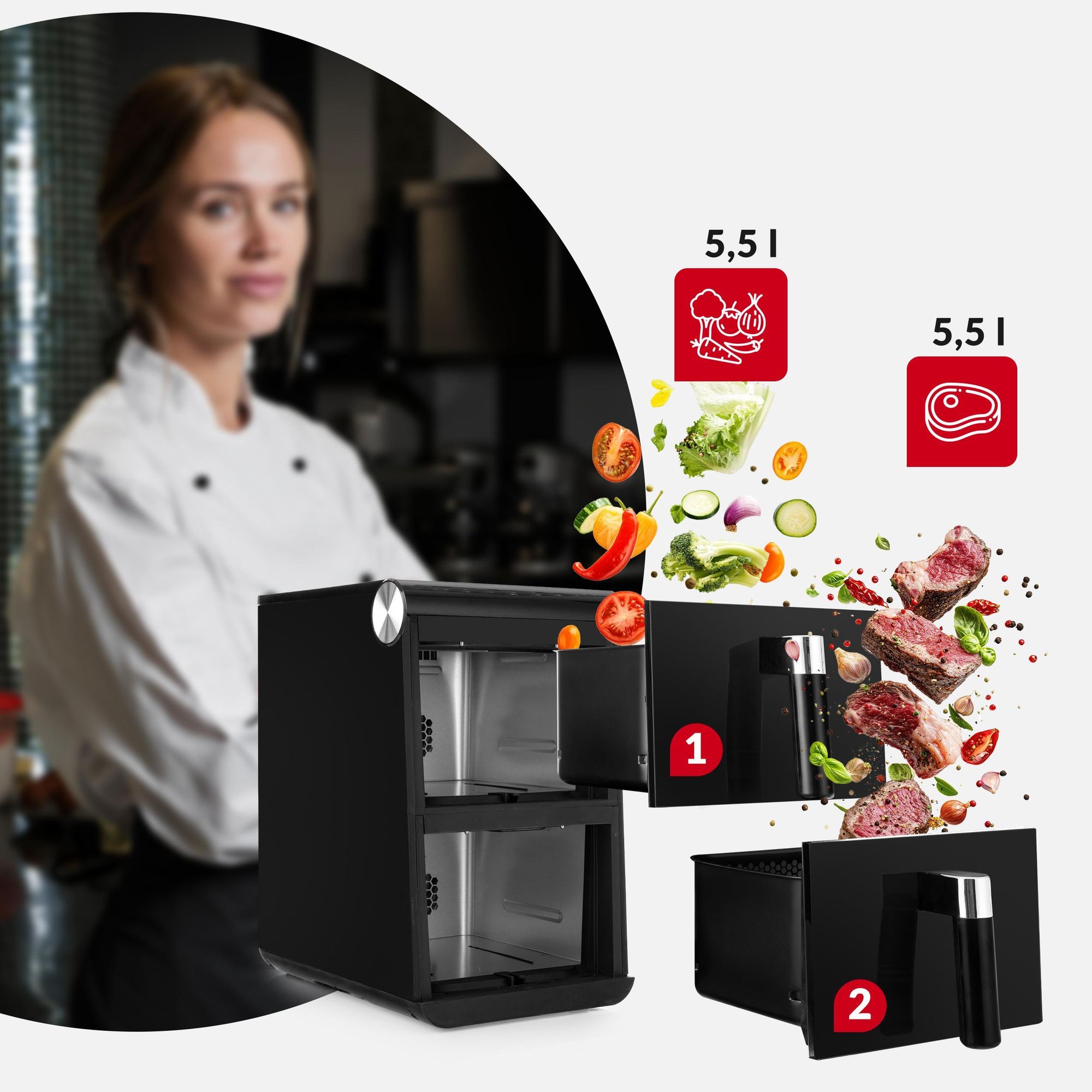 Frytkownica beztłuszczowa LEHMANN VITALIA podwójna frytownica 11l. Air Fryer 2800W, pionowa, 2x szuflady, 50–200°C
