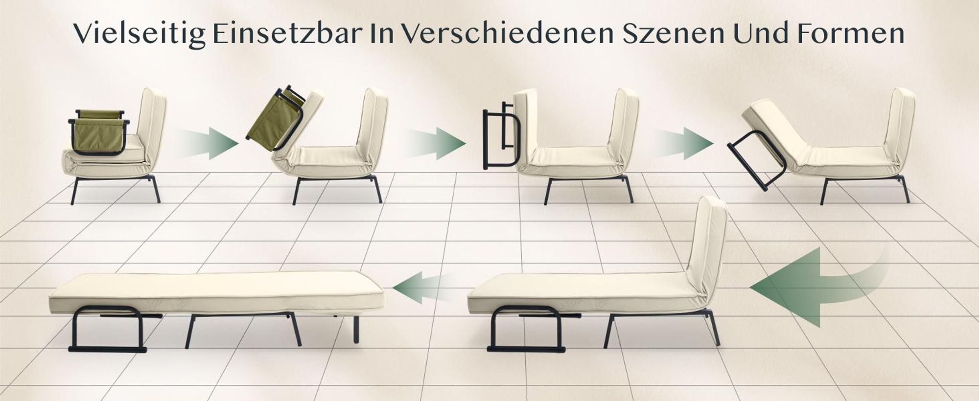 FlexiSpot 3-in-1 Schlafsessel mit Bettfunktion, Verstellbare Rückenlehne, Klappbare Beine, Seitentasche, Platzsparend für Wohnzimmer/Büro (Weiß+Grün)