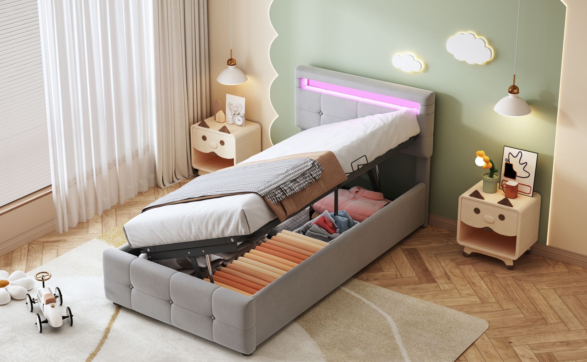 Merax Polsterbett 90x200cm mit LED und Lattenrost, Hydraulisches Stauraumbett mit höhenverstellbarem Kopfteil, Samt Einzelbett Kinderbett Hochboxbett