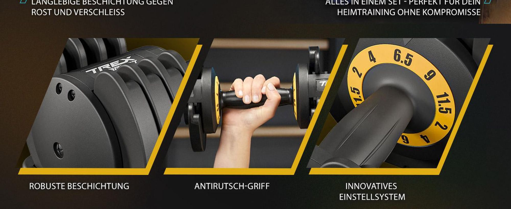 TREX SPORT Kurzhantel Set verstellbar TX-012AB | Gewichte Hanteln Set 2–11,5 kg | Gusseisen, platzsparend, rutschfest | Homegym Hantelset für Zuhause