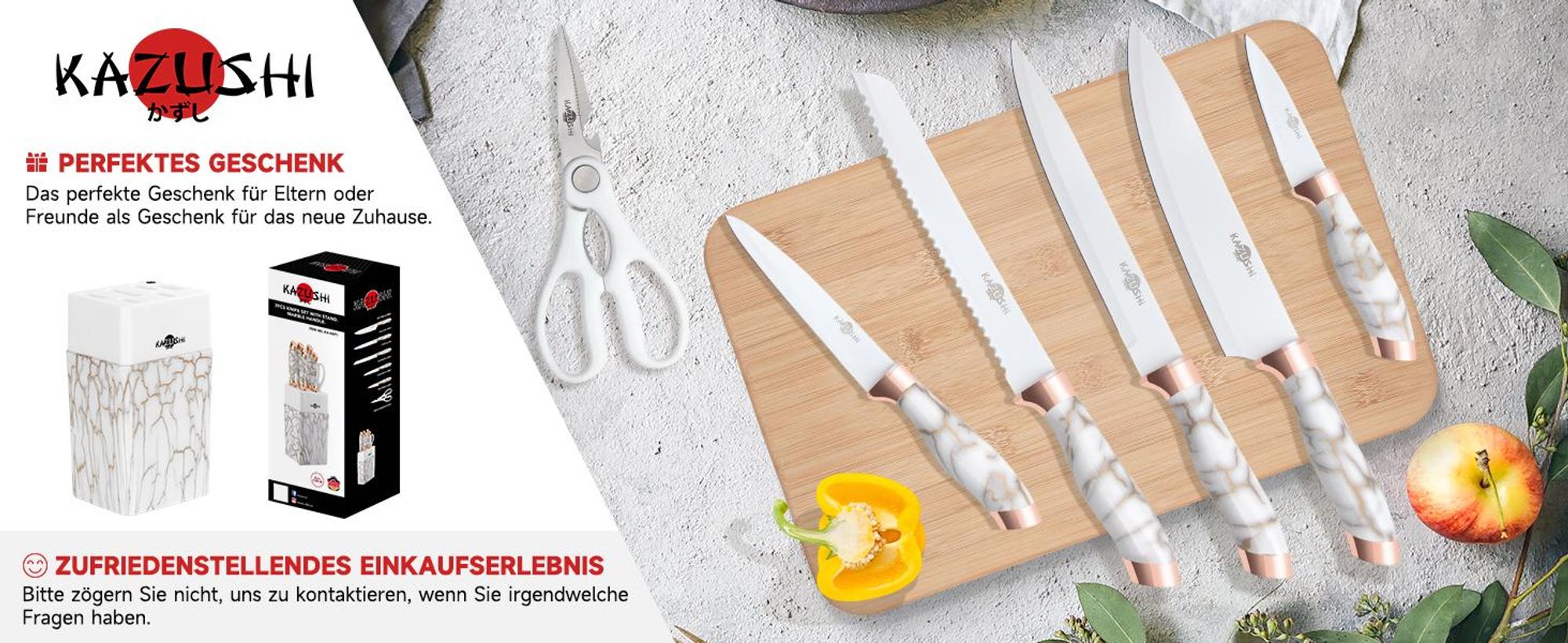 KAZUSHI Messerblock mit Messer 7-teilig, Selbstschärfender, Weiß Scharfe Küchenmesser, Profi Messerset mit Block, Edelstahl Messer Set (KA-KN71)