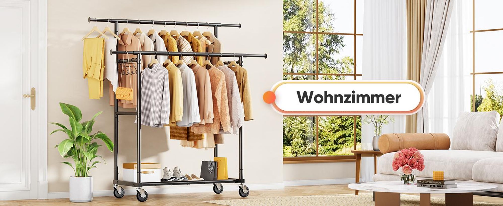 HOKEEPER Kleiderständer, Schwerlast-Kleiderstange, 204kg Kleiderständer mit Rädern ,Doppelstab-Garderobenständer zum Aufhängen von Kleidung Tragbarer