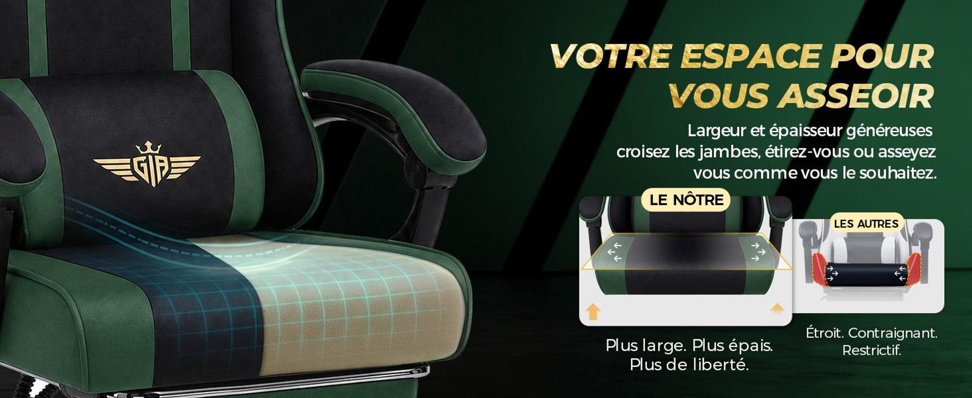 Chaise de gaming GTPLAYER, ergonomique, avec revêtement en tissu, coussin de siège à ressort, accoudoirs réglables et repose-pieds, capacité de poids de 150 kg, couleur : gris
