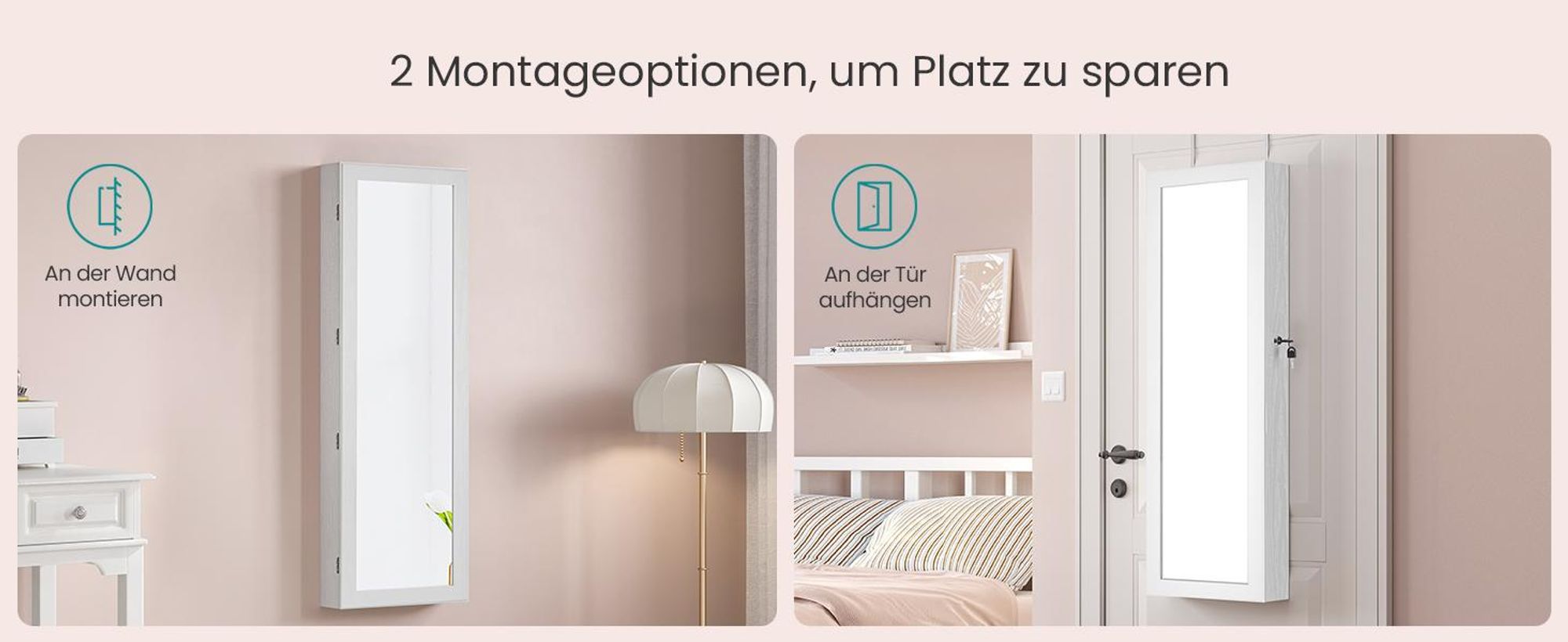 SONGMICS Schmuckschrank hängend, Wandspiegel, 6 LED-Glühbirnen, abschließbarer Spiegelschrank, Wandschrank, Wandmontage, an der Tür hängend, weiß mit Holzmaserung-beige CJJ093W01