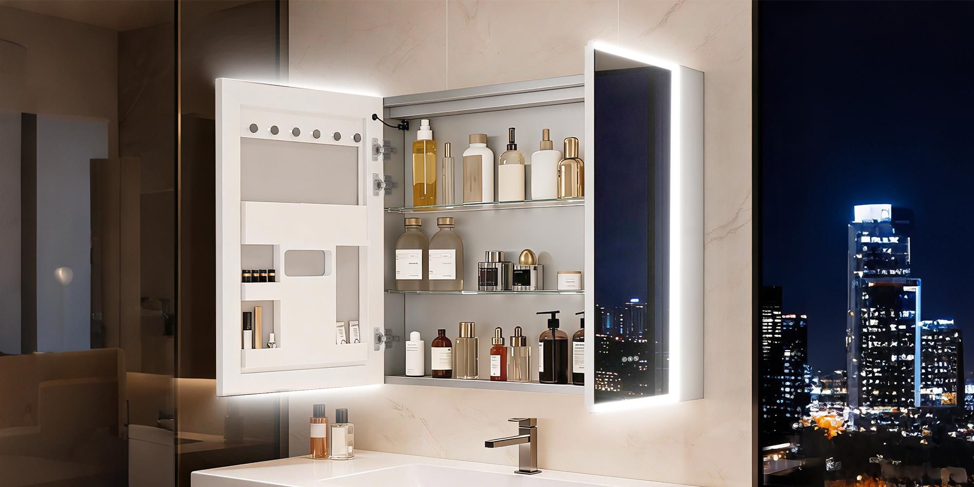 WISFOR Spiegelschrank Bad mit Beleuchtung Bluetooth 80x70 cm Wandspiegelschrank mit Bluetooth Beschlagfrei 2 Tür Badschrank