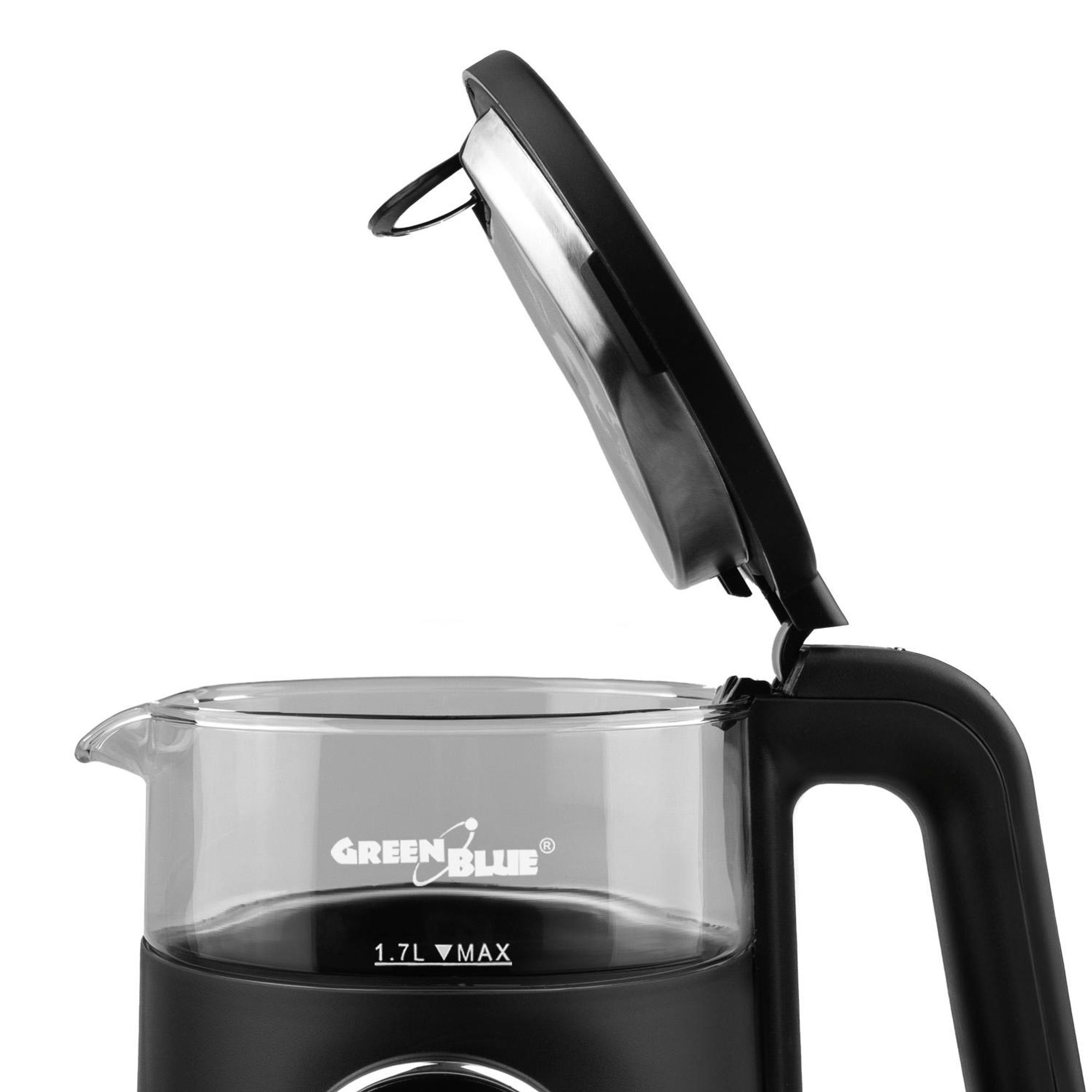 GreenBlue kabelloser Wasserkocher 1,7 l Fassungsvermögen Glasbehälter gut ablesbares Display Temperaturwahl 2200 W GB670 B