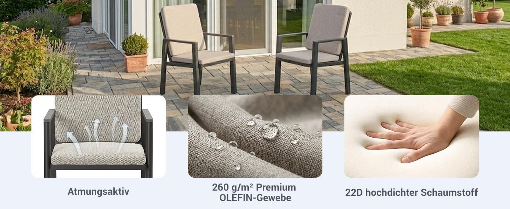 MEXO Gartenlounge-Set Aluminium Garten Essgruppe für 4 Personen, GartenStuhl mit Ergonomischen Sesseln inkl. Kissen, Belastbarkeit pro Sitzplatz 140kg