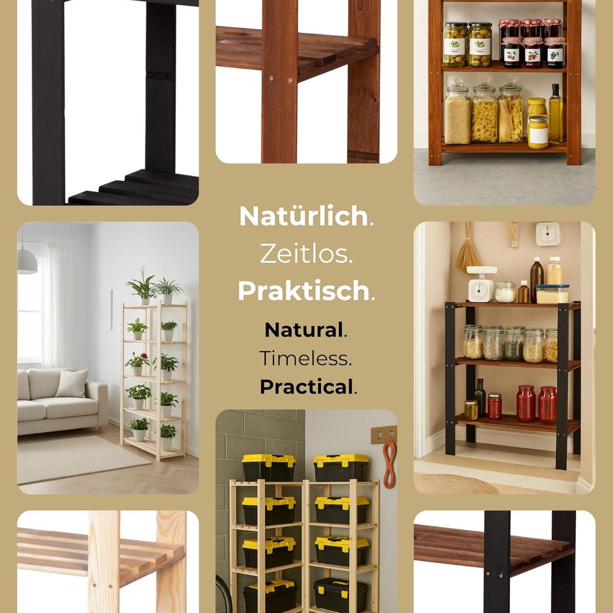 STOLMAK Holzregal Garage Regal 170x170x38 (BxHxT) Standregal Natur Kiefernholz Massivholzregal Kellerregal 5 Ablagen Pflanzenständer