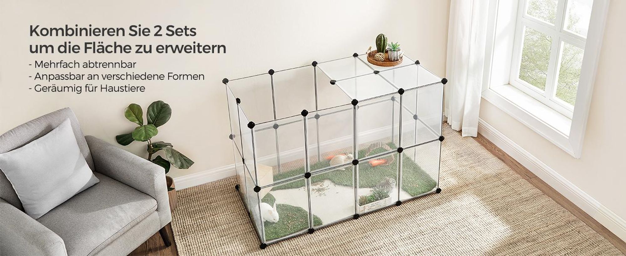 SONGMICS Kleintierkäfig, Freigehege mit Bodenplatten, 125 x 63 x 42 cm, weiß