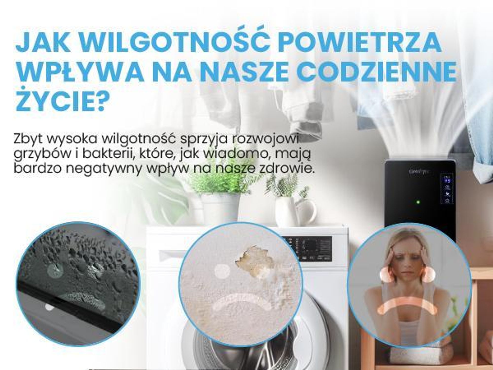 Osuszacz powietrza zdalnie sterowany z timerem, z funkcją automatycznego rozmrażania