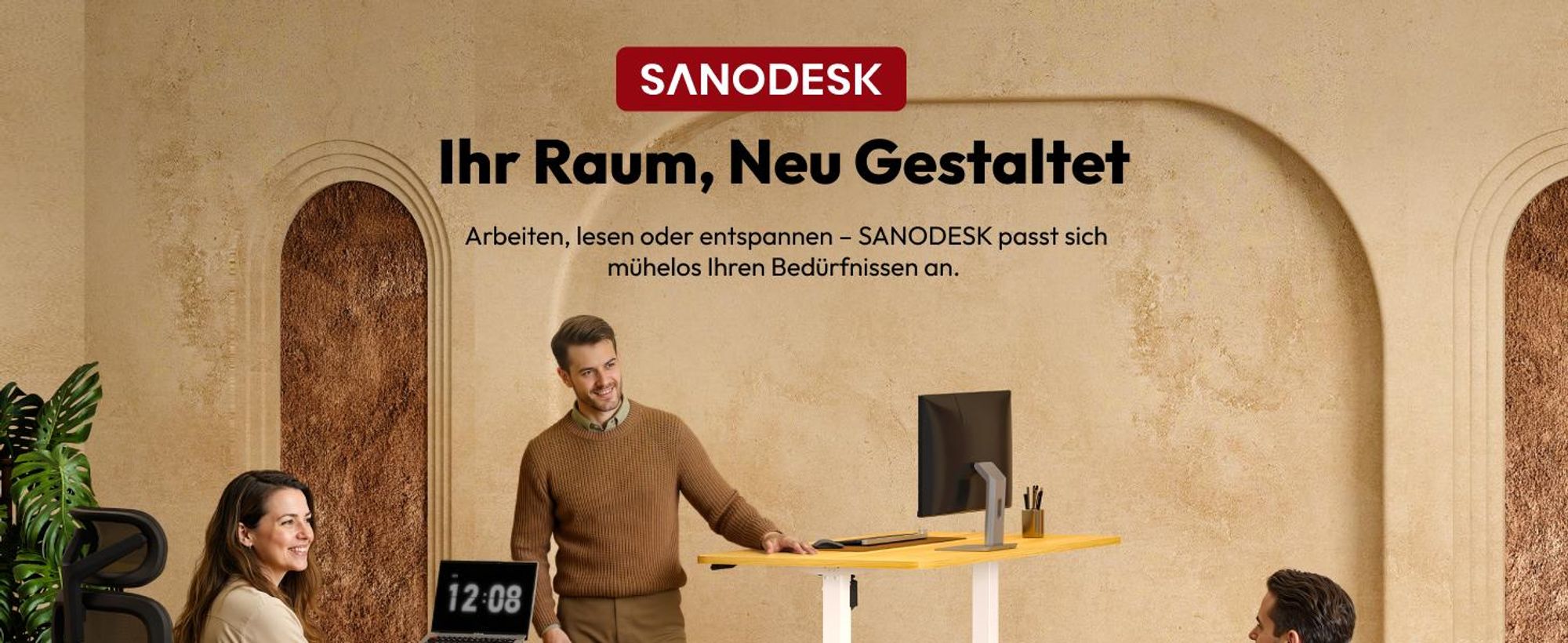 SANODESK QS1 Höhenverstellbarer Schreibtisch Elektrisch EINTEILIGE TISCHPLATTE, 4 Speicherplätzen, Haken & Kabelmanagement, 120x60cm (Ahorn)