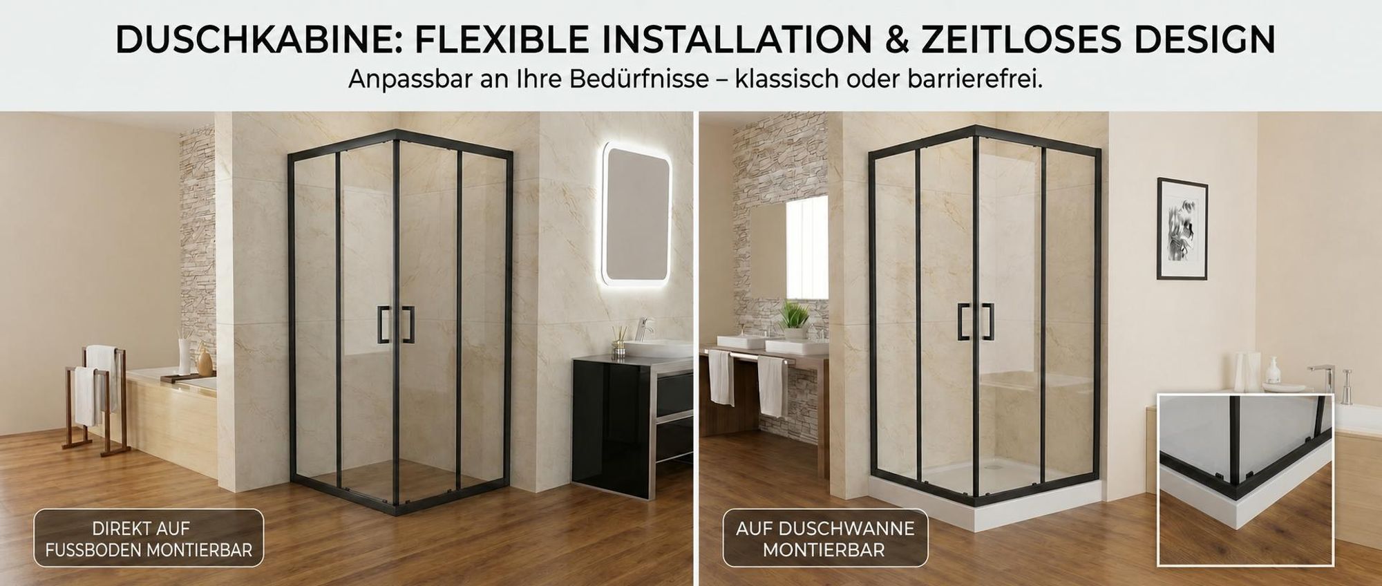 MIQU Duschkabine Eckeinstieg 90x90x185 cm Duschwand mit Doppel Schiebetür Schwarz Rollen, 6mm ESG Sicherheitsglas, Schiebetüren Glas komplett Dusche