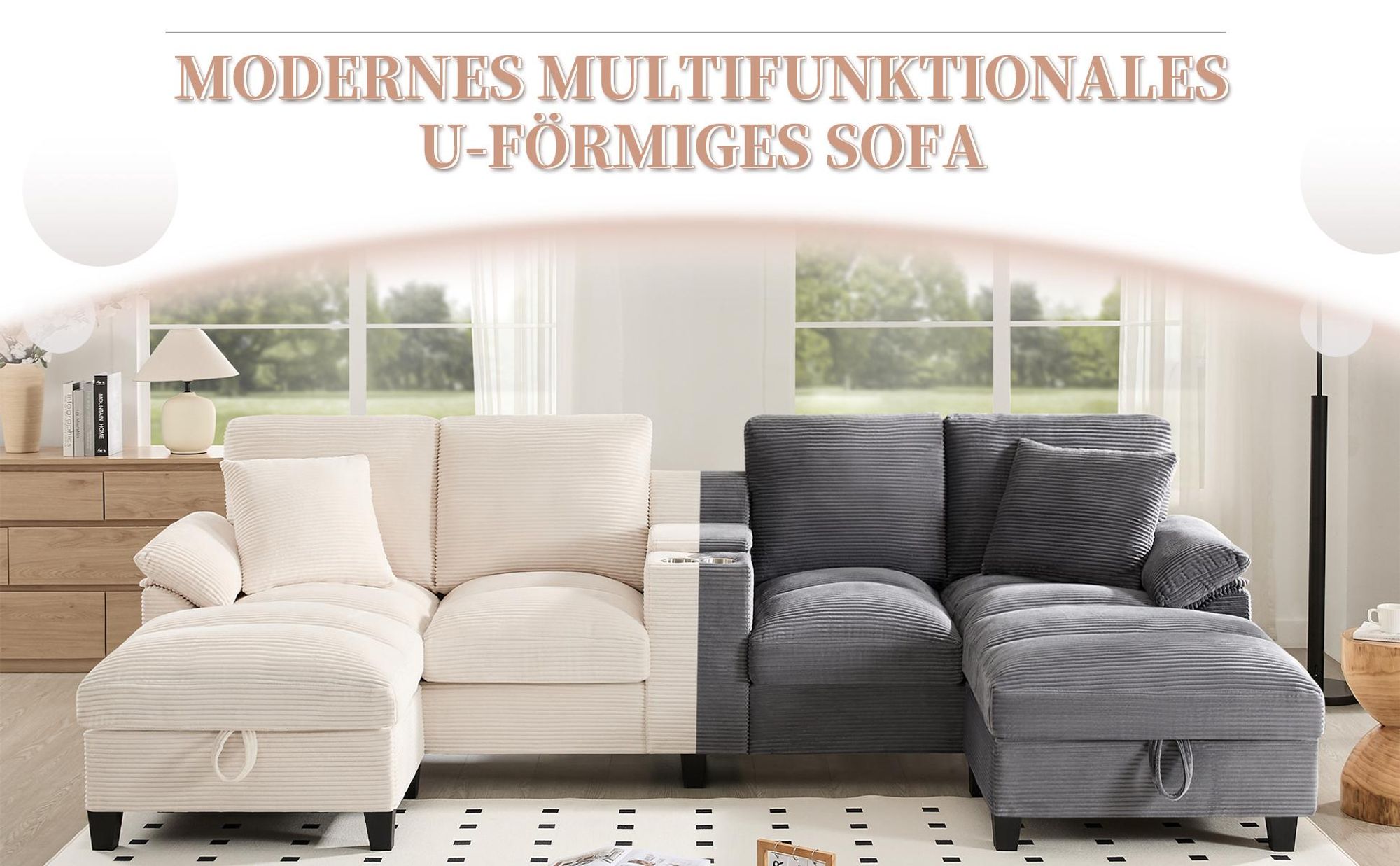 Merax 4-Sitzer U-förmiges Ecksofa, mit Bettkasten, Stauraum, Getränkehaltern, USB, Kissen, Modulares Sofa, Cordbezug, Couch, Couchgarnitur, Grau