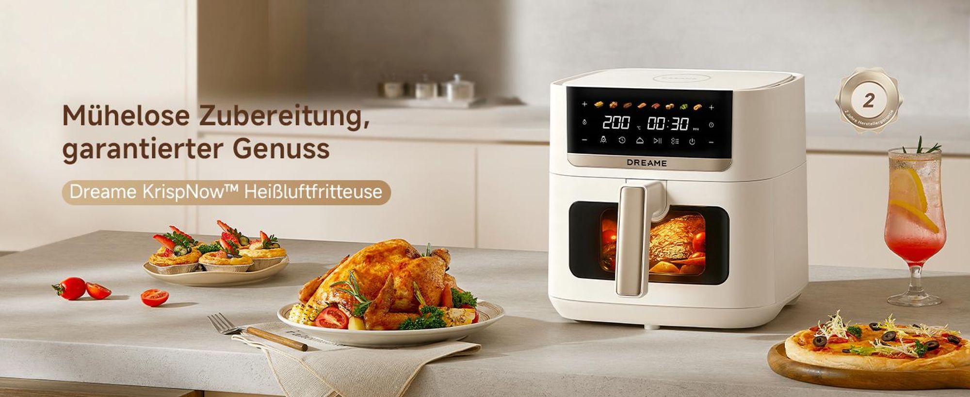 Dreame KrispNow™ AF20,6L Heißluftfritteuse,Metal-Innenraum,0-Fluorid Titanium-Keramik,Dual-Source 360° Hitze,8 Programme&Dörrfunktion,Aprikosenfarbe