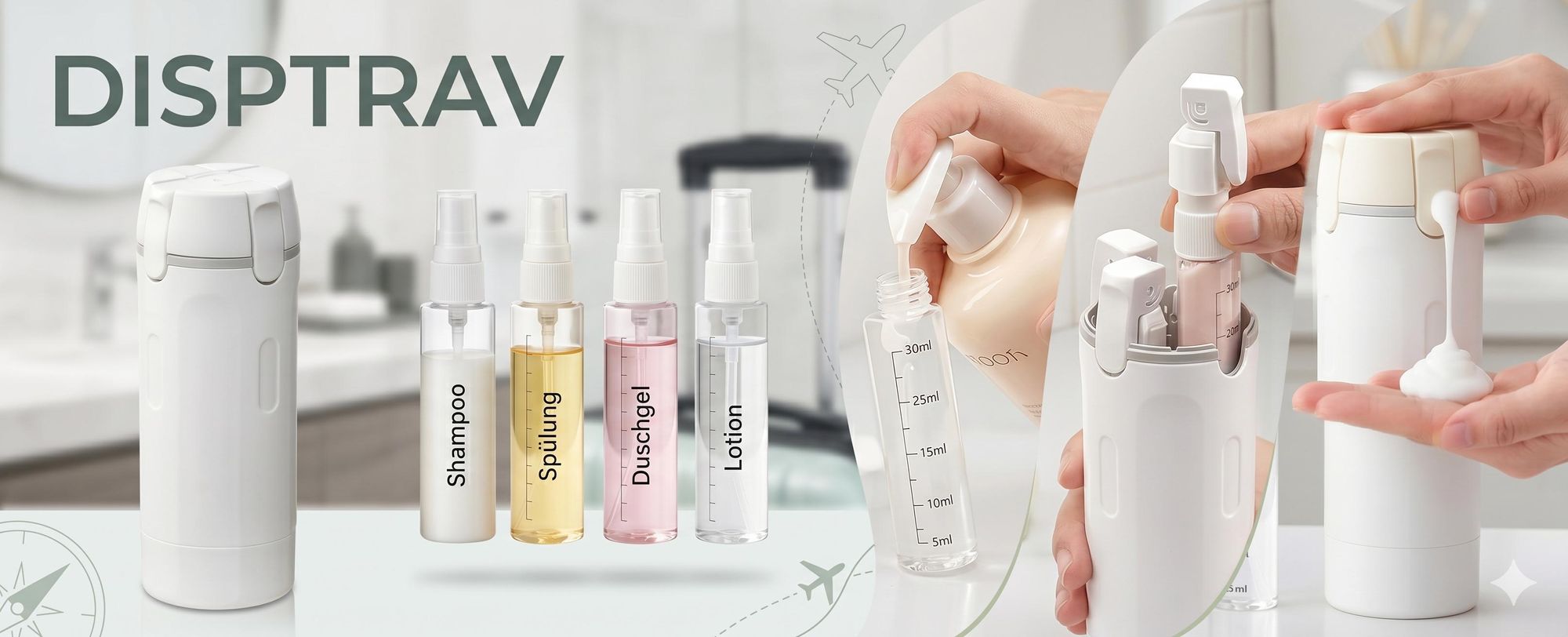Kompaktes 4in1 Reisespender Set, Nachfüllbare Handgepäck Shampoo Flaschen, Reiseflaschen zum Befüllen - DISPTRAV Weiß