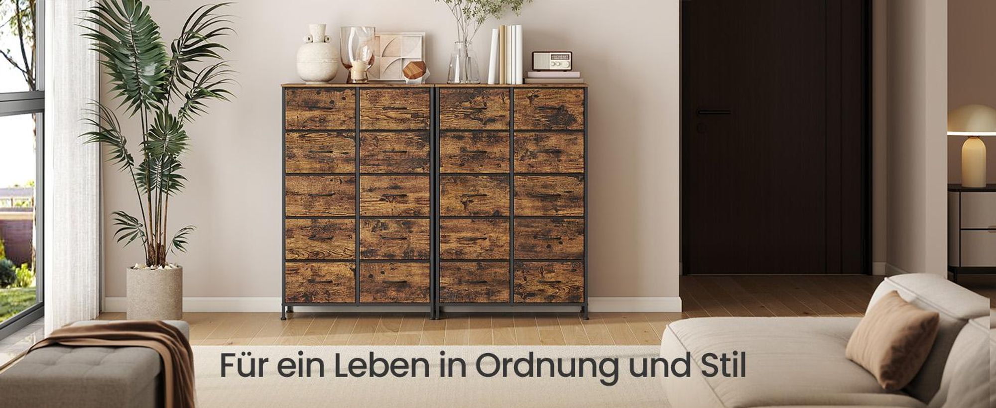 SONGMICS Kommode, Schrank, 10 Stoffschubladen, für Schlafzimmer, Flur, Wohnzimmer, braun-schwarz