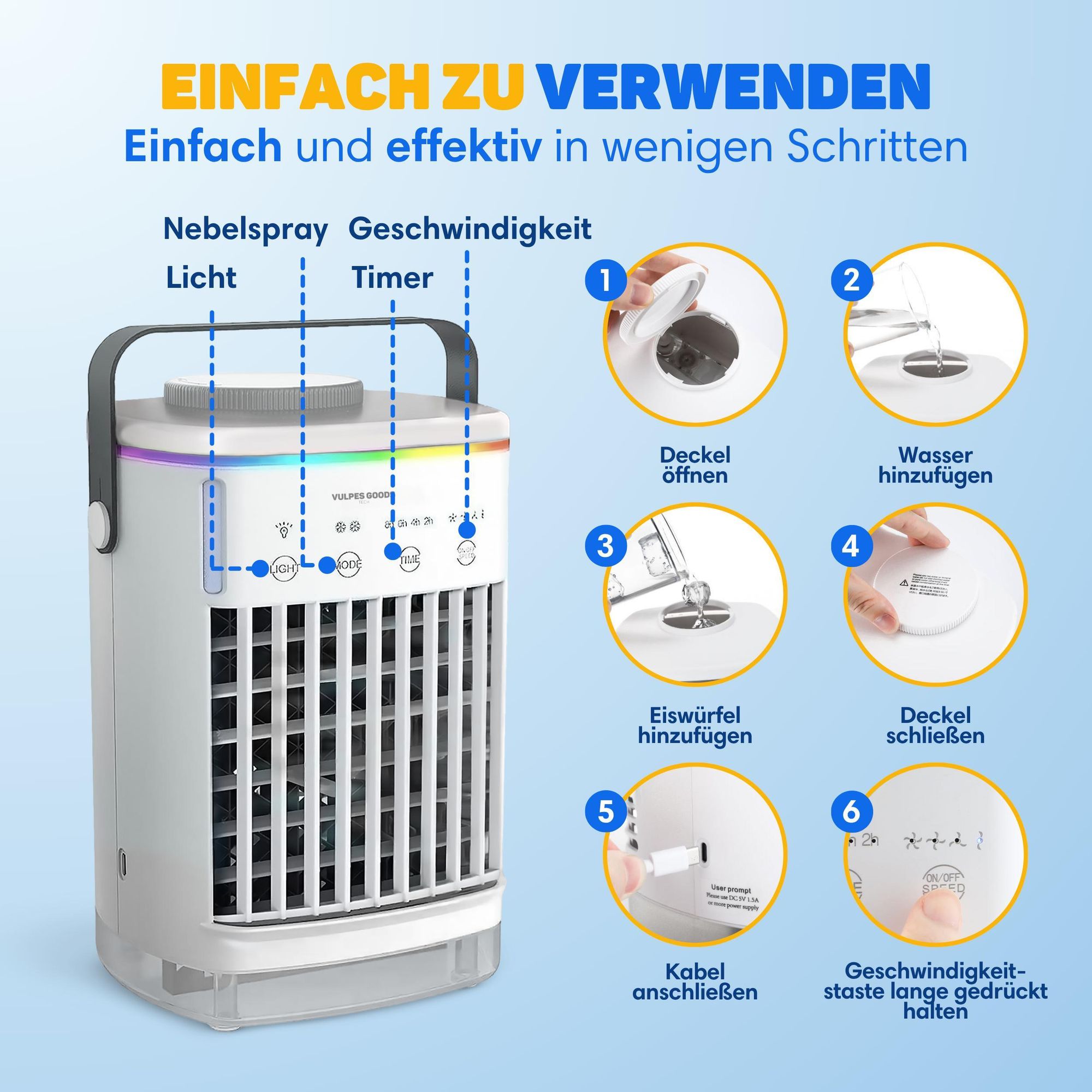 Vulpes Goods Mini-Klimaanlage, Mobile Klimaanlage, Luftkühler 4-in-1, 4 Windgeschwindigkeiten, 2 Luftbefeuchtungsmodi, Timer, Auslaufsicher