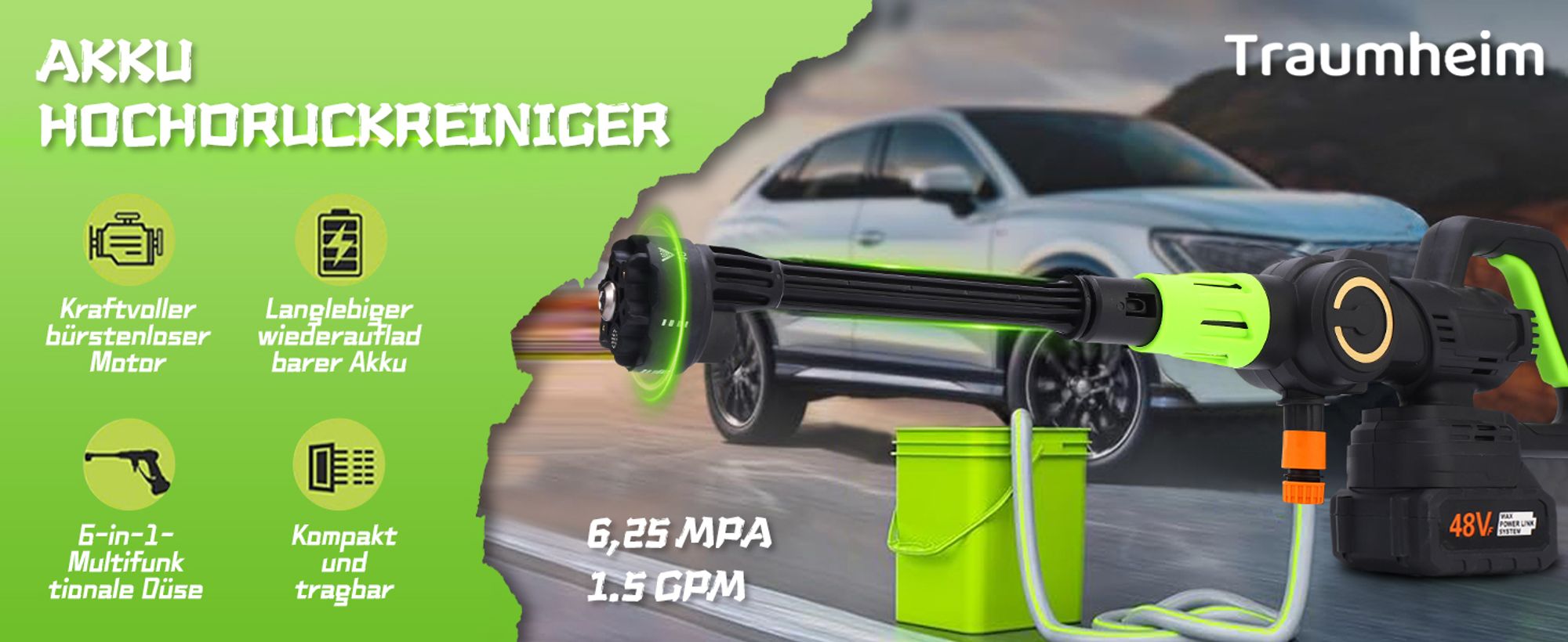 Hochdruckreiniger, kabelloser Hochdruckreiniger,Bürstenloser Motor,Max 120 bar,6-in-1-Düse und 5 m Schlauch, für Reinigung und Bewässerung (2 Akku)