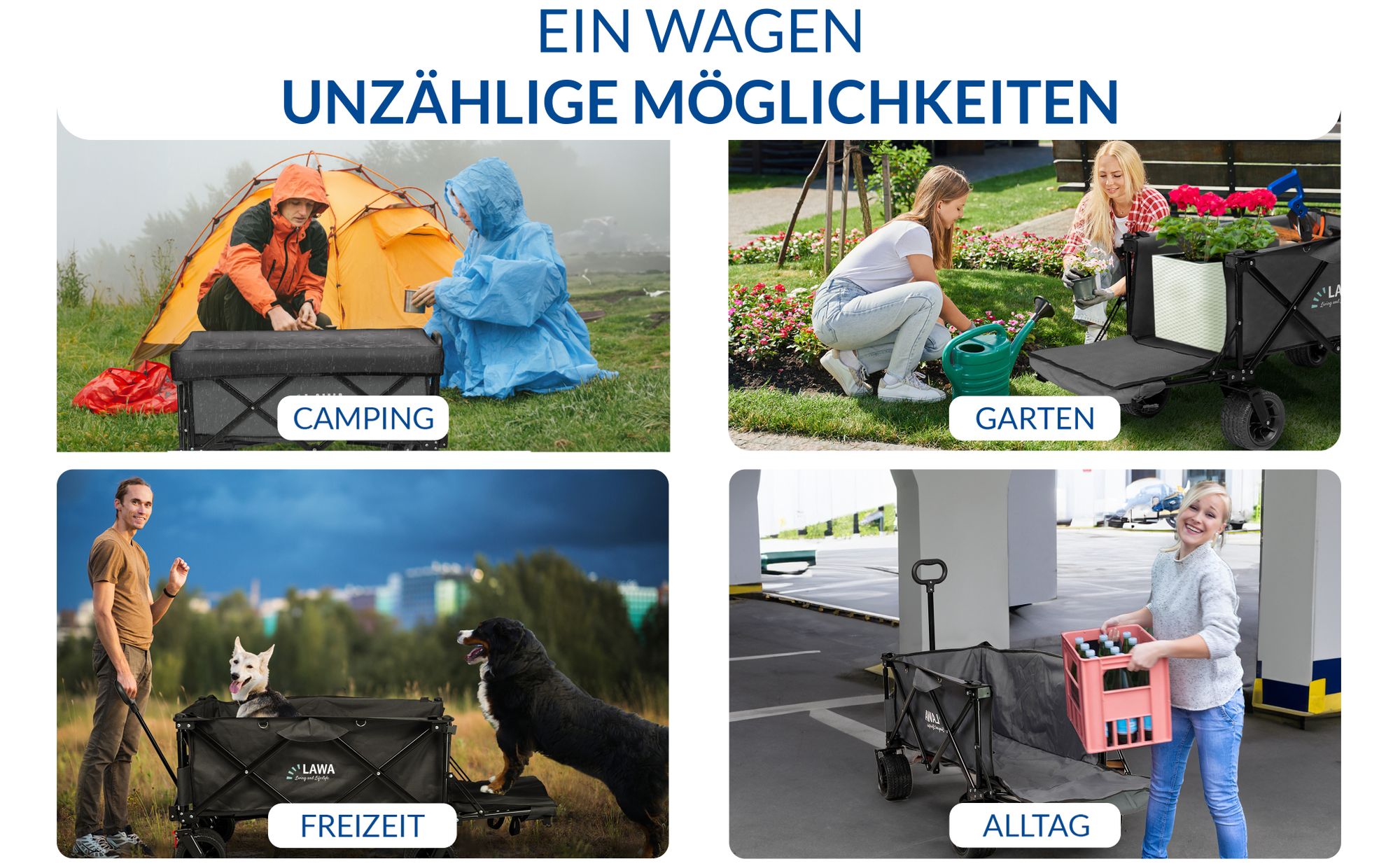 Ein schwarzer Bollerwagen mit Dach für Einkauf, Camping, Hundetransport und als Gartenwagen.