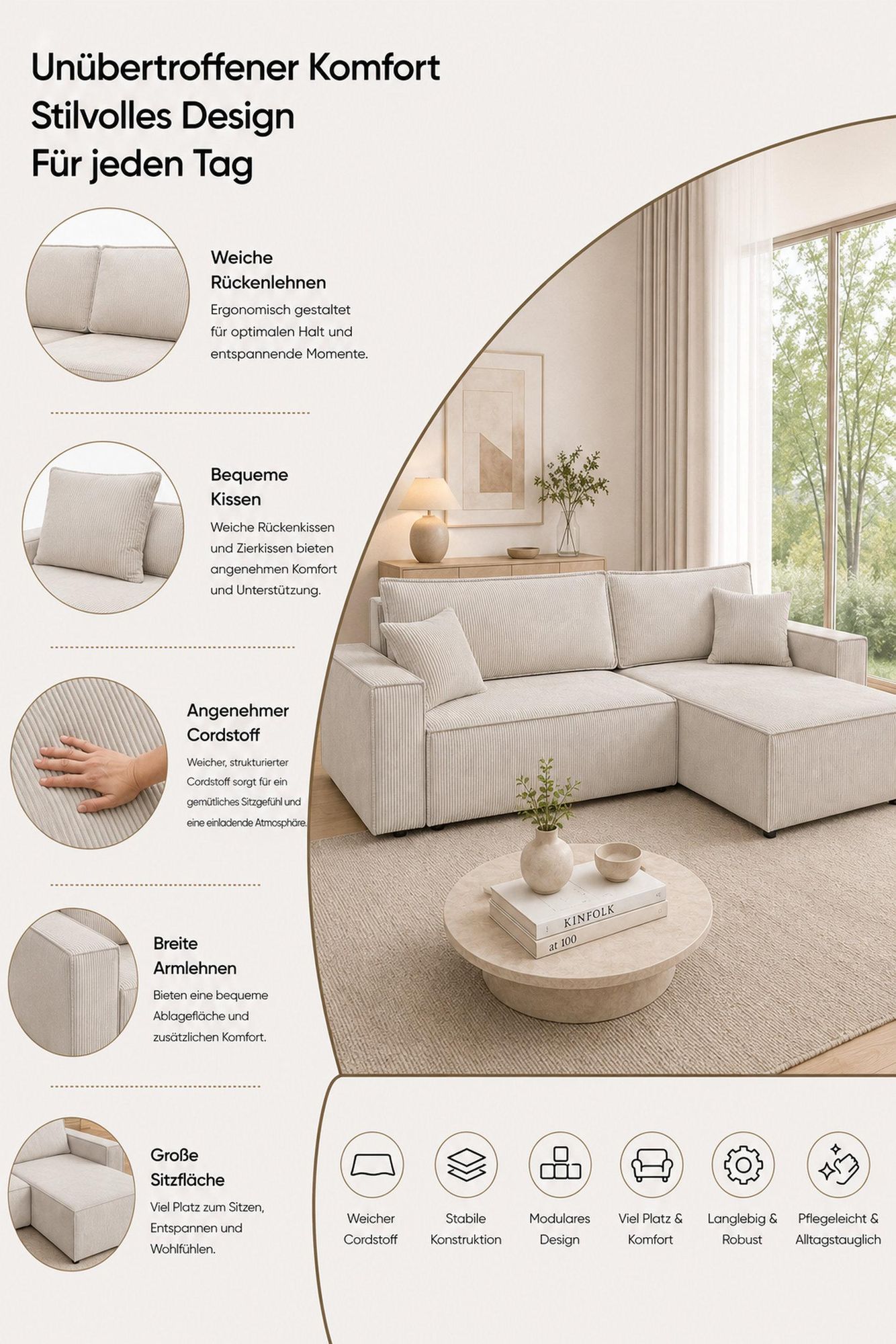 VENASI HUGO Ecksofa mit Schlaffunktion und Bettkasten Cord Schlafsofa Eckcouch Sofa Grün