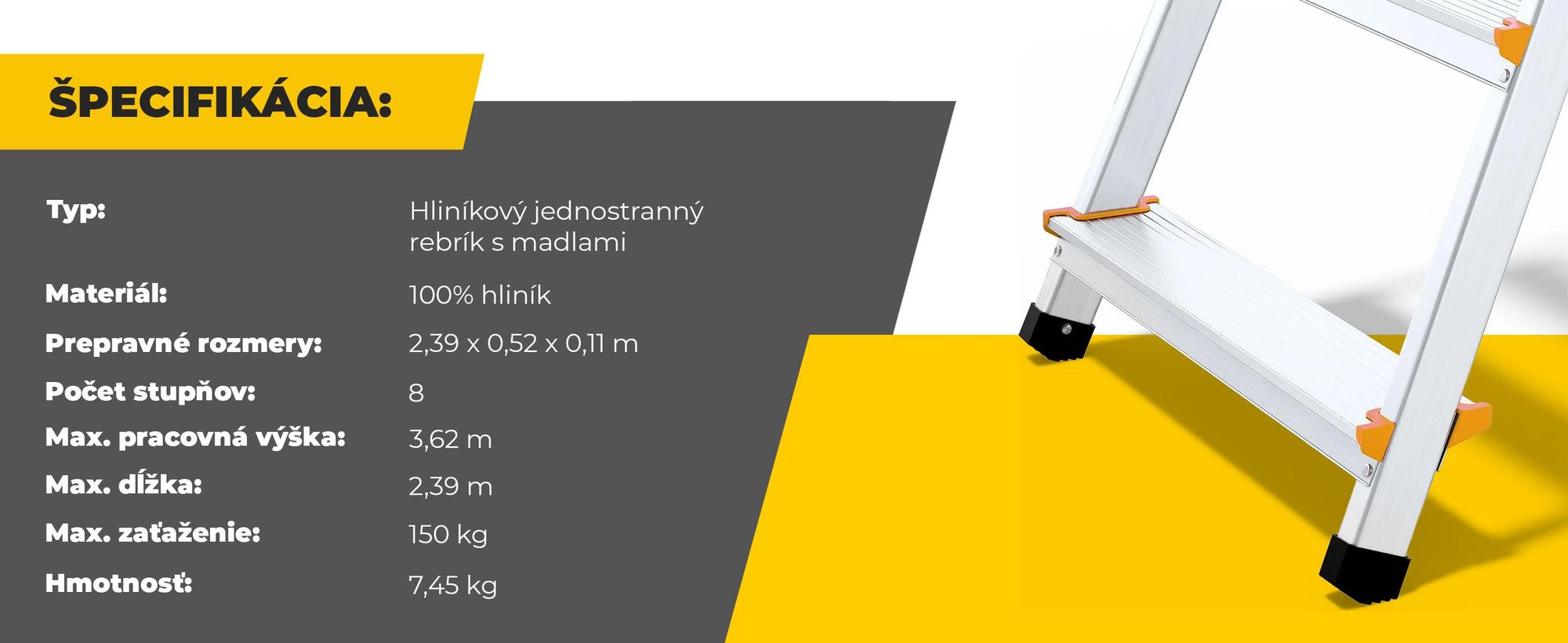 Drabest | Rebrík - 8 stupňov, nosnosť 150 kg - rebrík so zábradlím, hliníkový rebrík, protišmykové nohy, rebrík, skladací rebrík