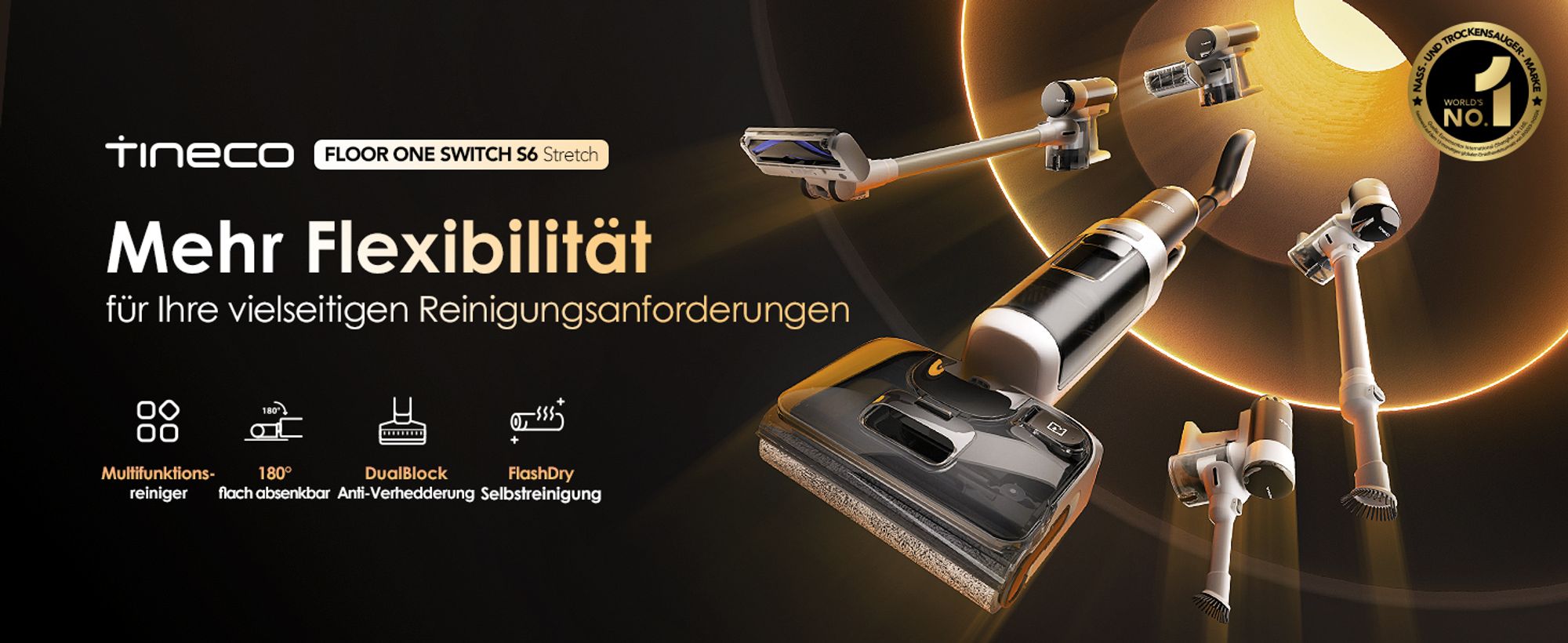 Tineco Floor ONE Switch S6 Stretch Nass Trockensauger 180° Lay-Flat 85°C Flashdry 5-in-1 Selbstreinigung Handstaubsauger, Anti-Tangle, Kantenreinigen