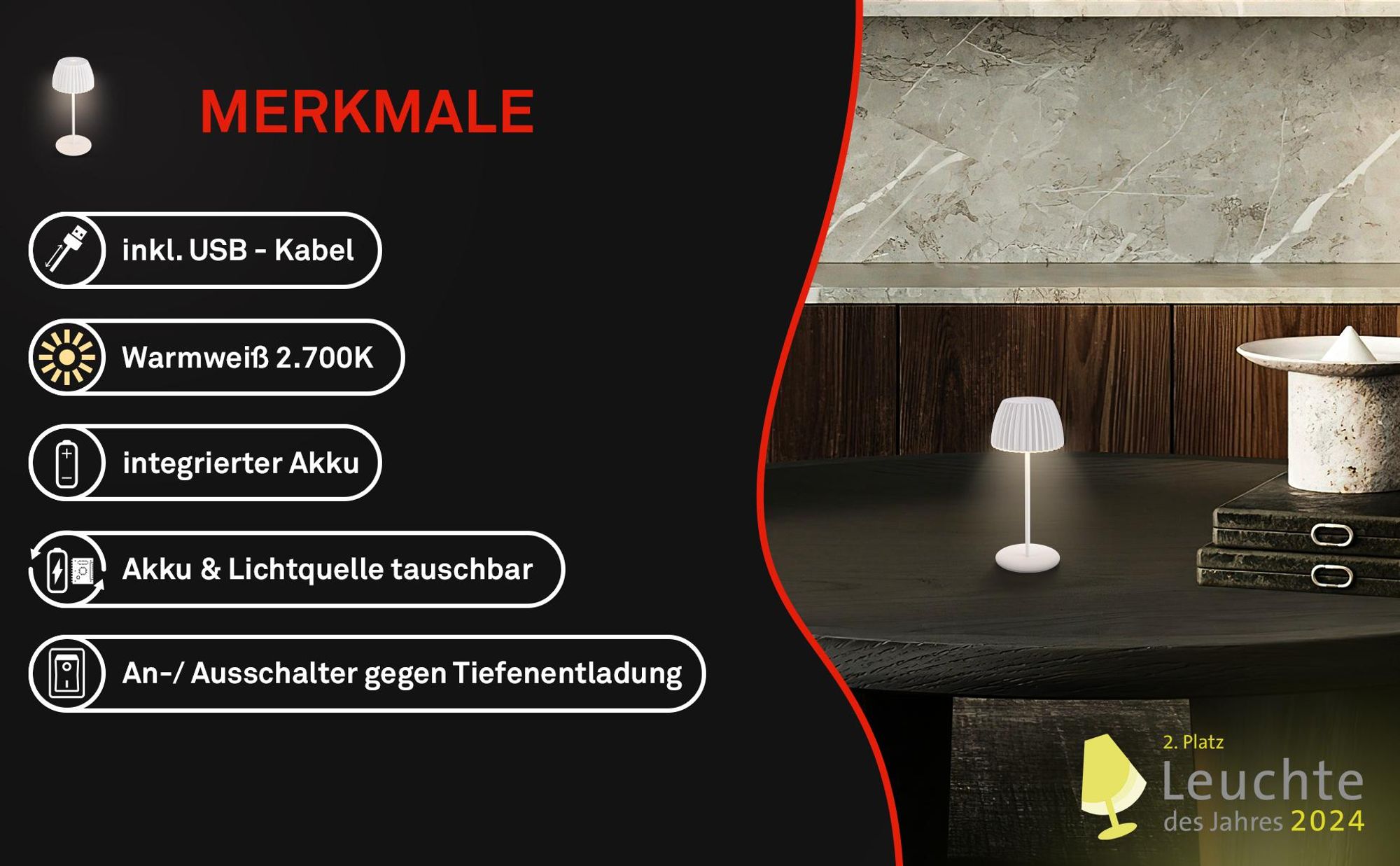 Riffle Mini LED Tischlampe Akku Tischleuchte Dimmbar Kabellos Touch IP44 Weiß