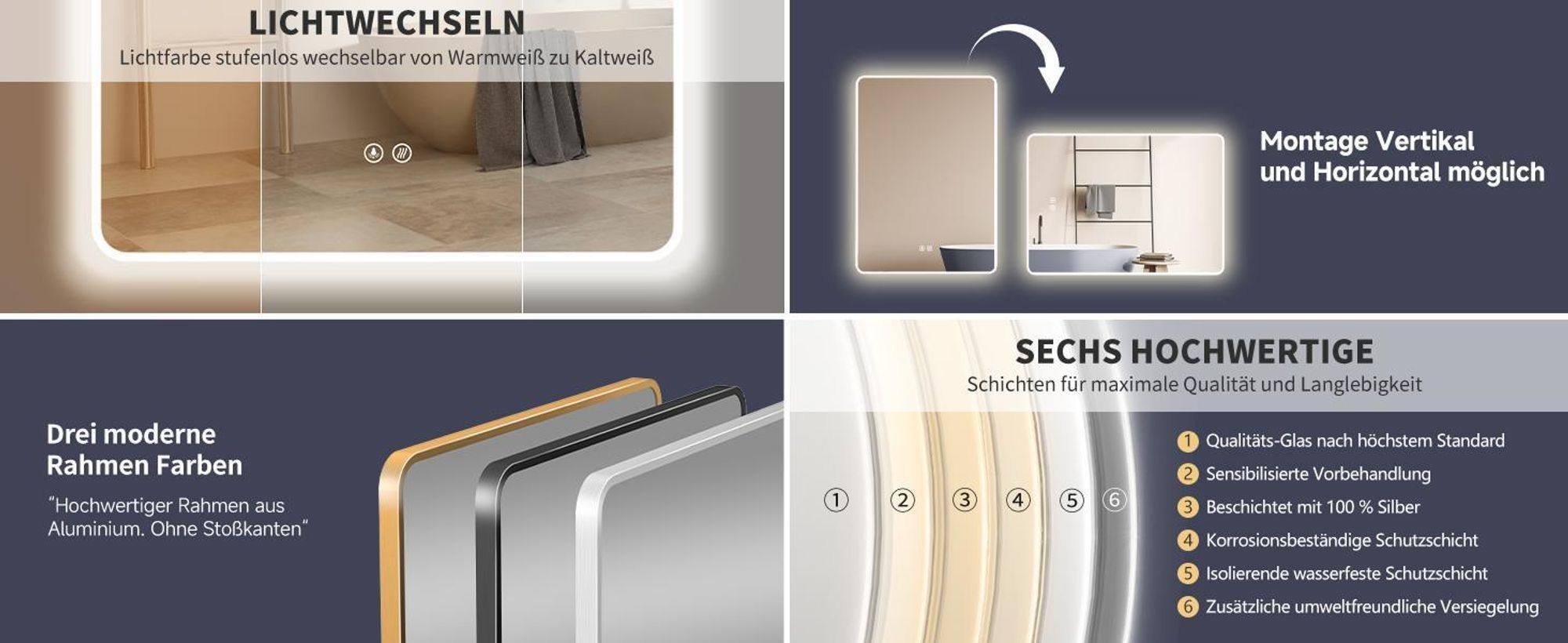 HOKO Badspiegel Antibeschlag LED 60x80cm mit Rahmen HOCH+QUER Montage Touch Schalter+Licht Wechsel Warmweiß-Kaltweiß-Neutral Wandschalter einschaltbar