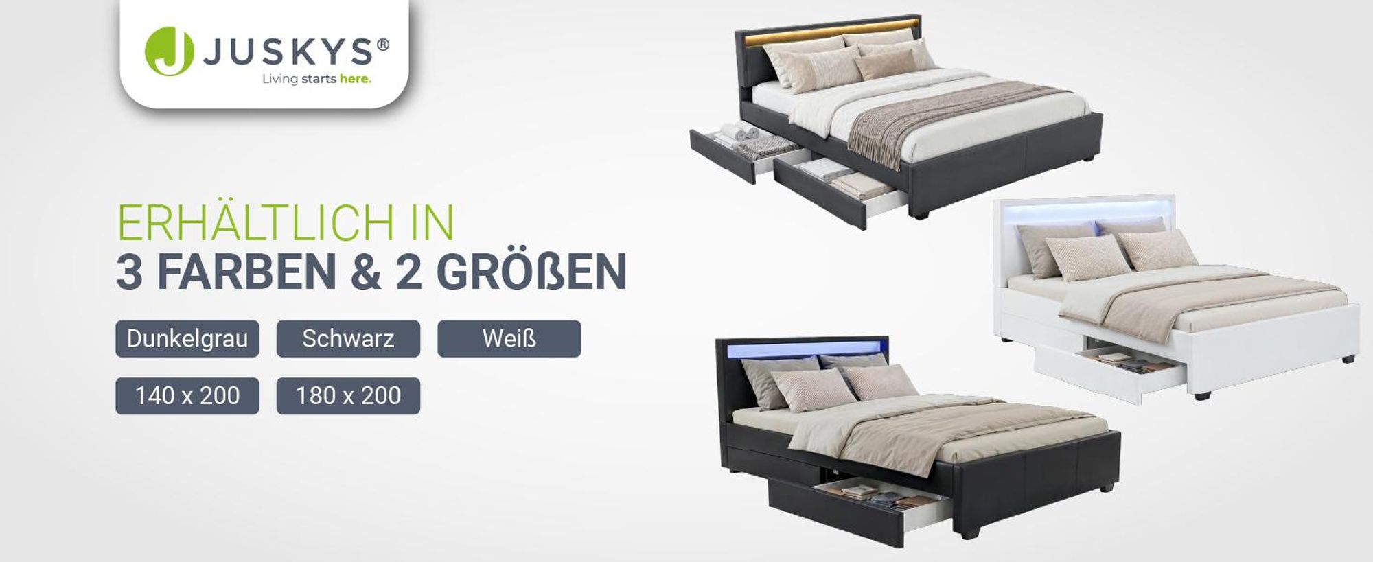 Juskys Polsterbett Lyon 180 x 200 cm schwarz – Bettgestell mit Lattenrost, Bettkasten & LED Beleuchtung – Kunstleder & Holz – Bett Doppelbett