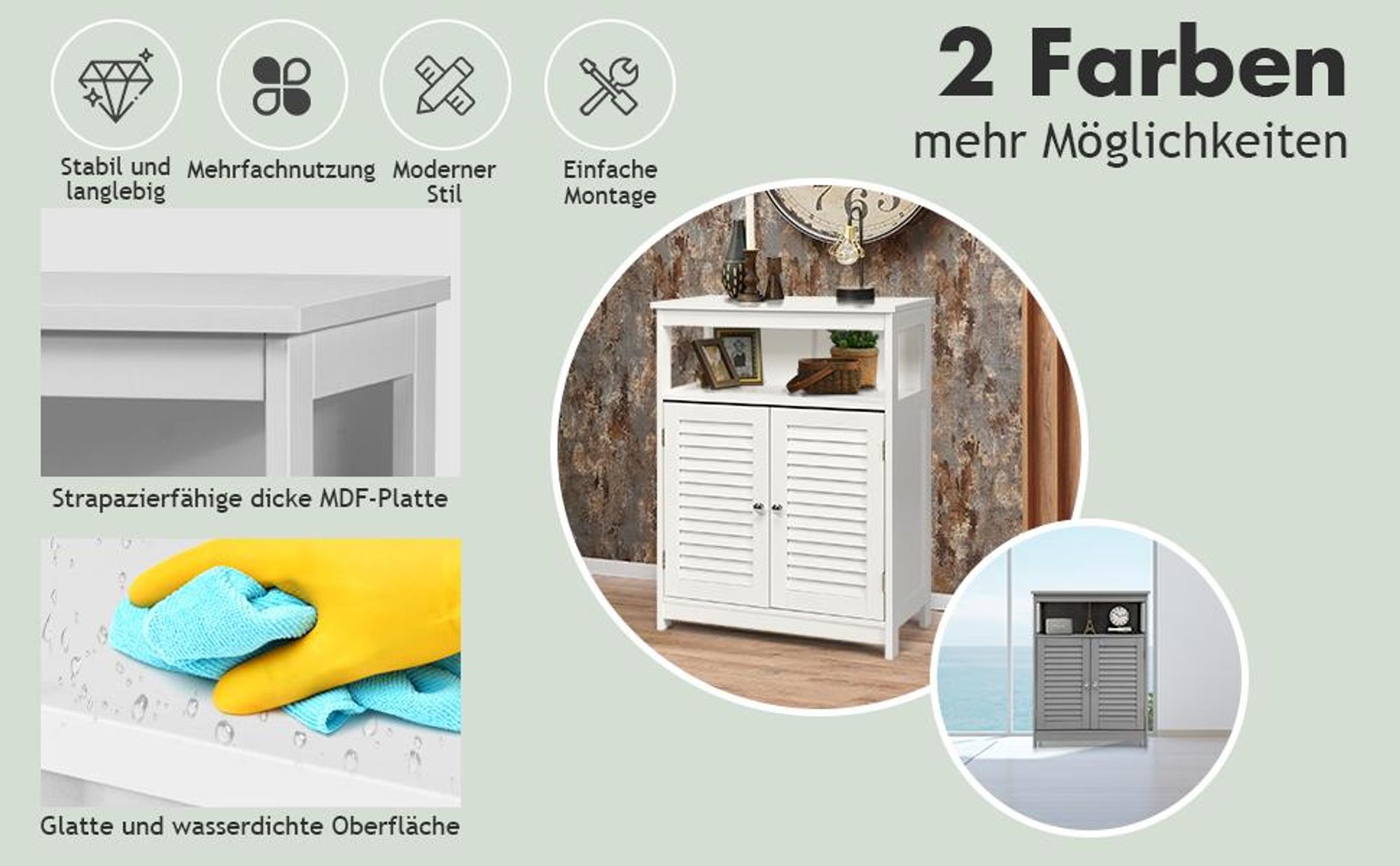 COSTWAY Badezimmer Schrank Aufbewahrungsschrank mit 2 Rollladentüren für Bad Küche Wohnzimmer Weiß