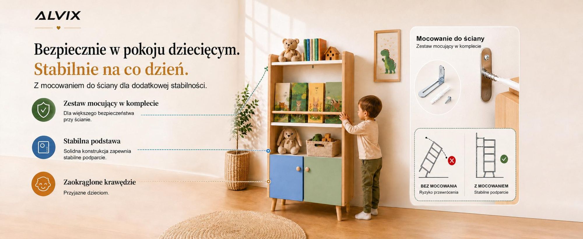 Półka na książki dla dzieci ALVIX NESTA 4 z 2 drzwiczkami, regał Montessori dla dzieci z półką na książki, półką na zabawki i szafką do przechowywania, wyposażona w zabezpieczenie przed przewróceniem