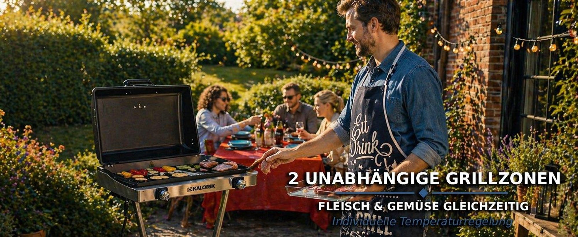 KALORIK Elektrogrill inkl. Abdeckung Edelstahl Gartengrill Barbecue-Grill Standgrill 2500W – XXL-Grillplatte 2 Zonen 58 cm IPX4