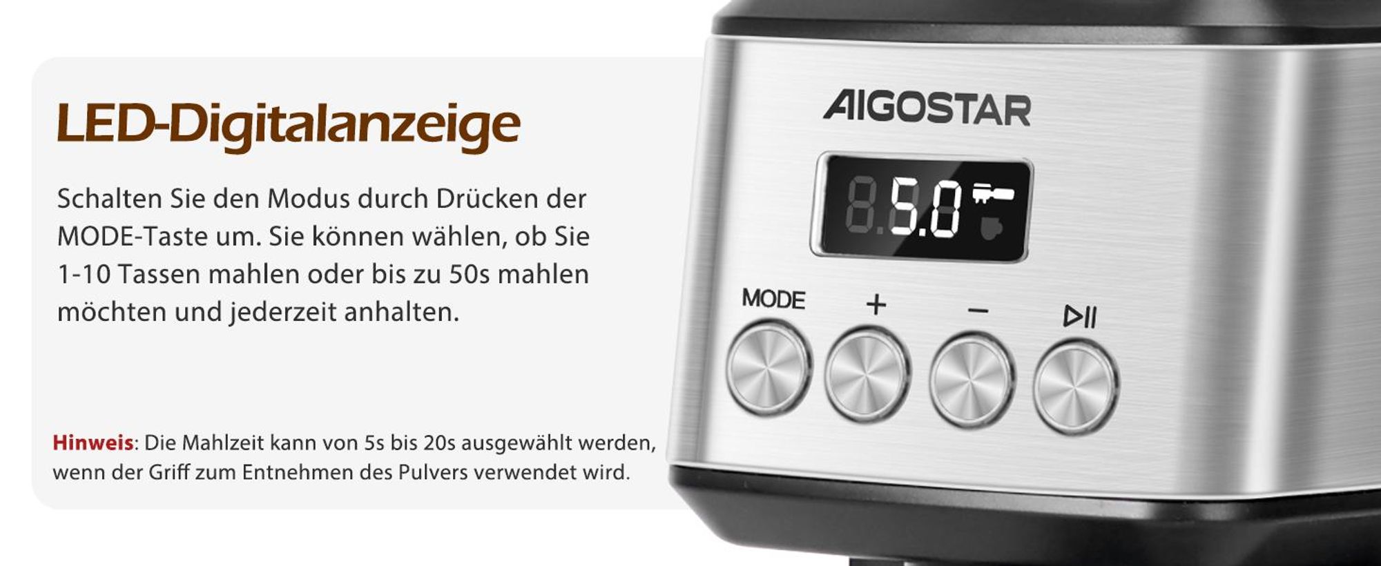 Aigostar Kaffeemühle Kegelmahlwerk Geeignet für Espresso mit 52 Mahleinstellungen, 180W , Kegelmahlwerk 320 g Bohnenbehälter Antistatisch