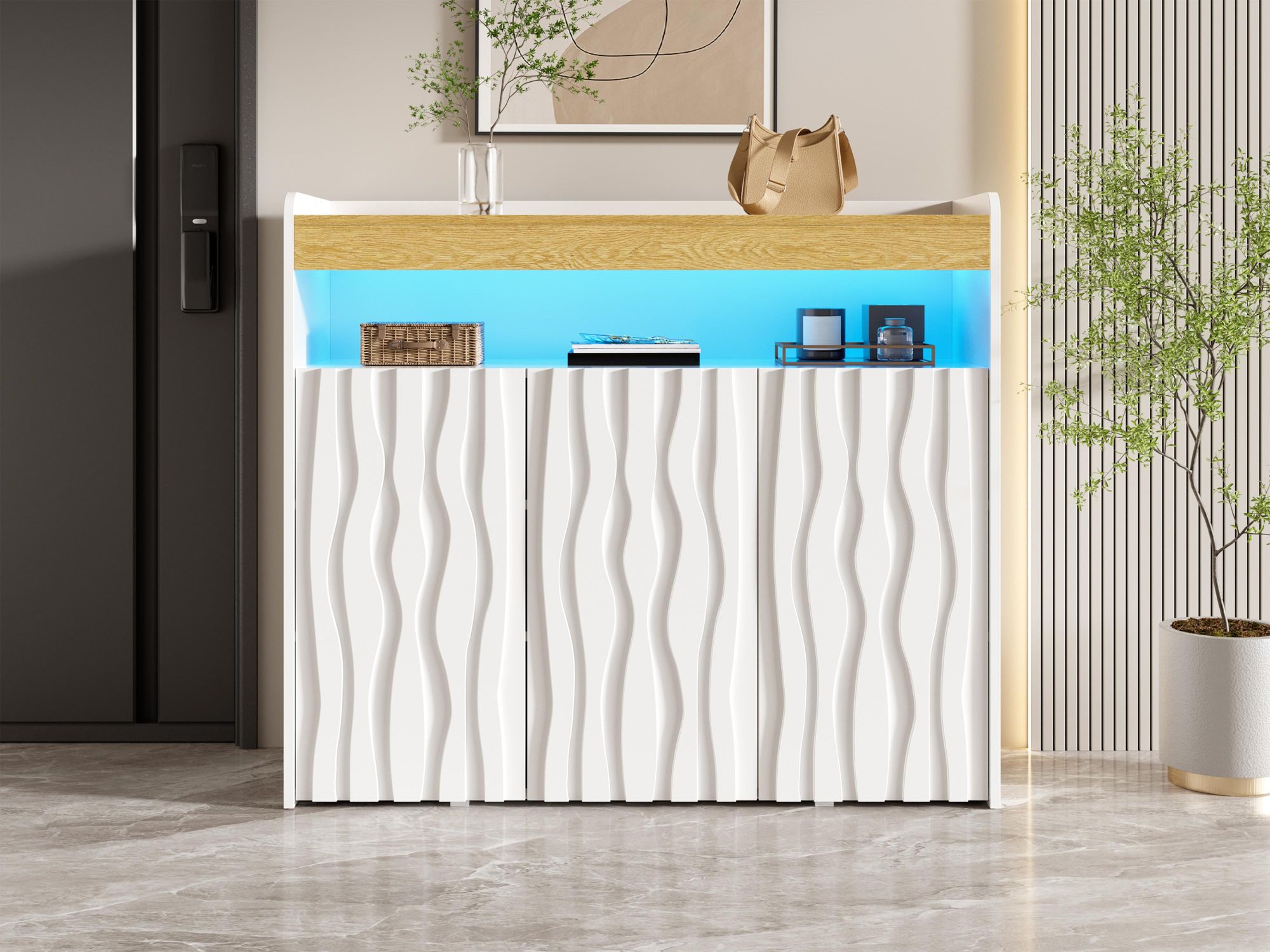 Merax Sideboard Schuhschrank mit LED, 3 Türen, Wellenfront Design, Offenes Fach, Kommode,Buffetschrank, Aufbewahrungsschrank, Weiß + Natur