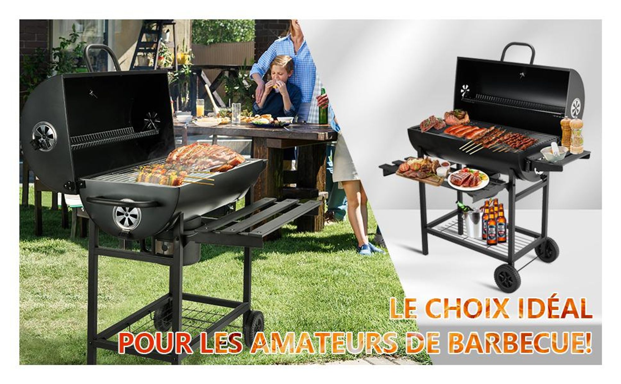 TEENO Chariot à Barbecue de Bois,Grill XXL à Charbon avec Couvercle, Thermomètre,Tiroir à Cendres,Gants anti-brûlures, Évent Réglable,Basic