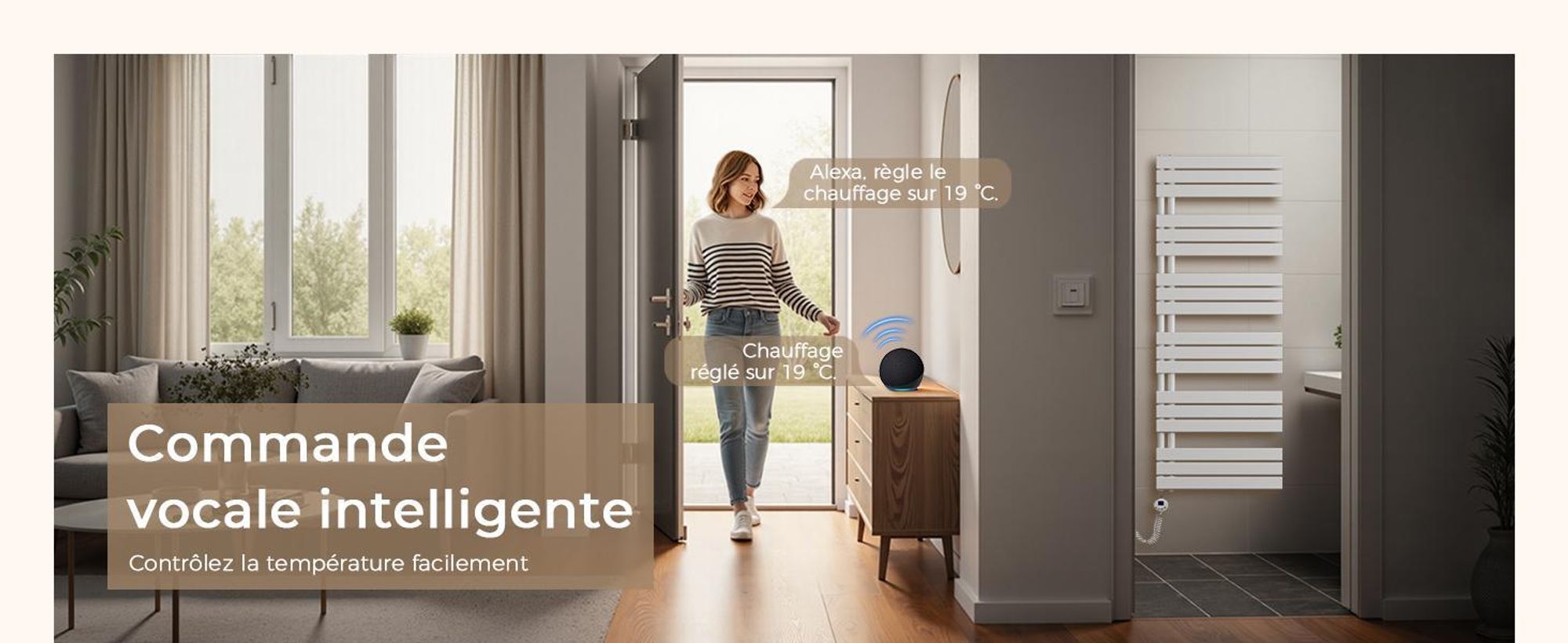 S'AFIELINA – Sèche-serviette électrique 1041×500 mm avec thermostat WiFi, minuterie programmable et écran LCD, 600 W, blanc, idéal pour salle de bain
