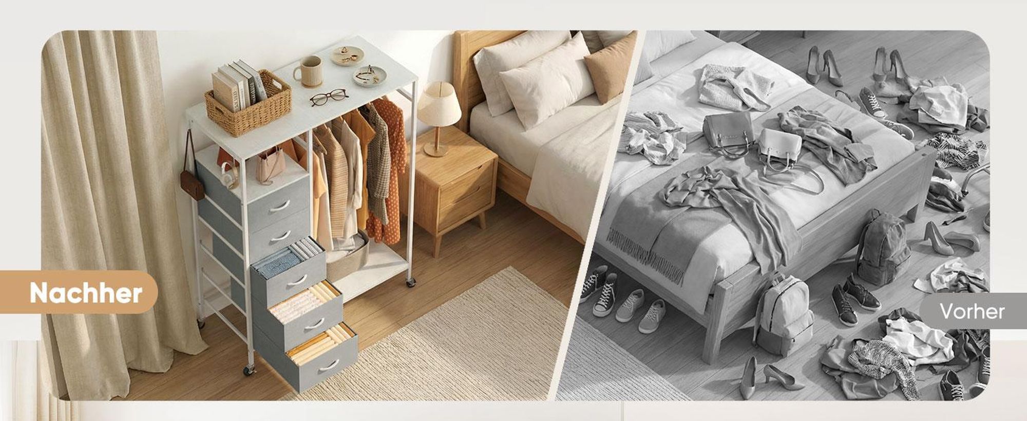 HOKEEPER Kleiderständer,Offener Kleiderschrank,Kleiderständer auf Rollen,Kleiderstange,Fahrbarer Kleiderständer mit Schubladen,Clothes rack,Haken,Grau